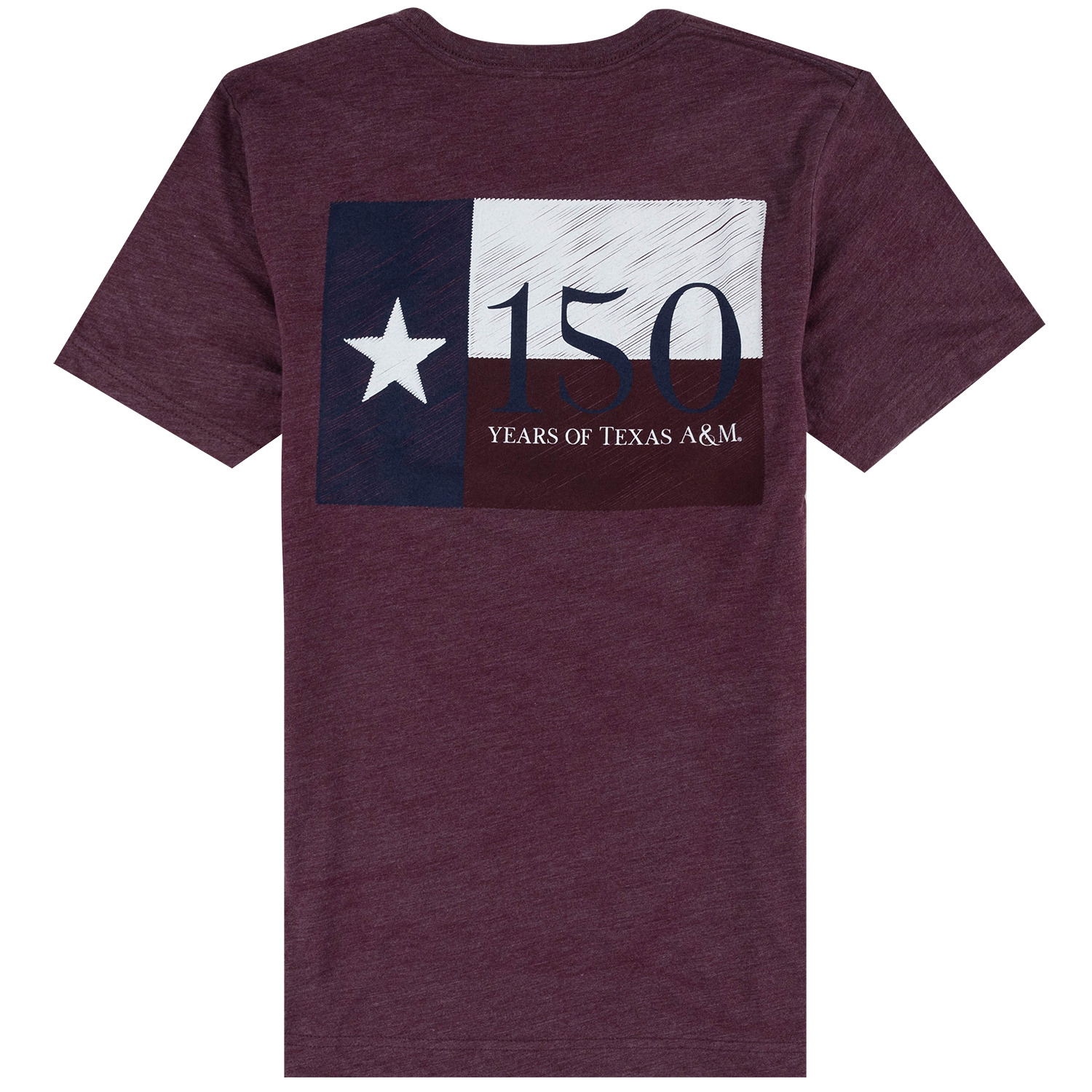 A heathered maroon short-sleeve t-shirt featuring a large back graphic of the Texas state flag with '150 YEARS OF TEXAS A&M' printed in navy blue.