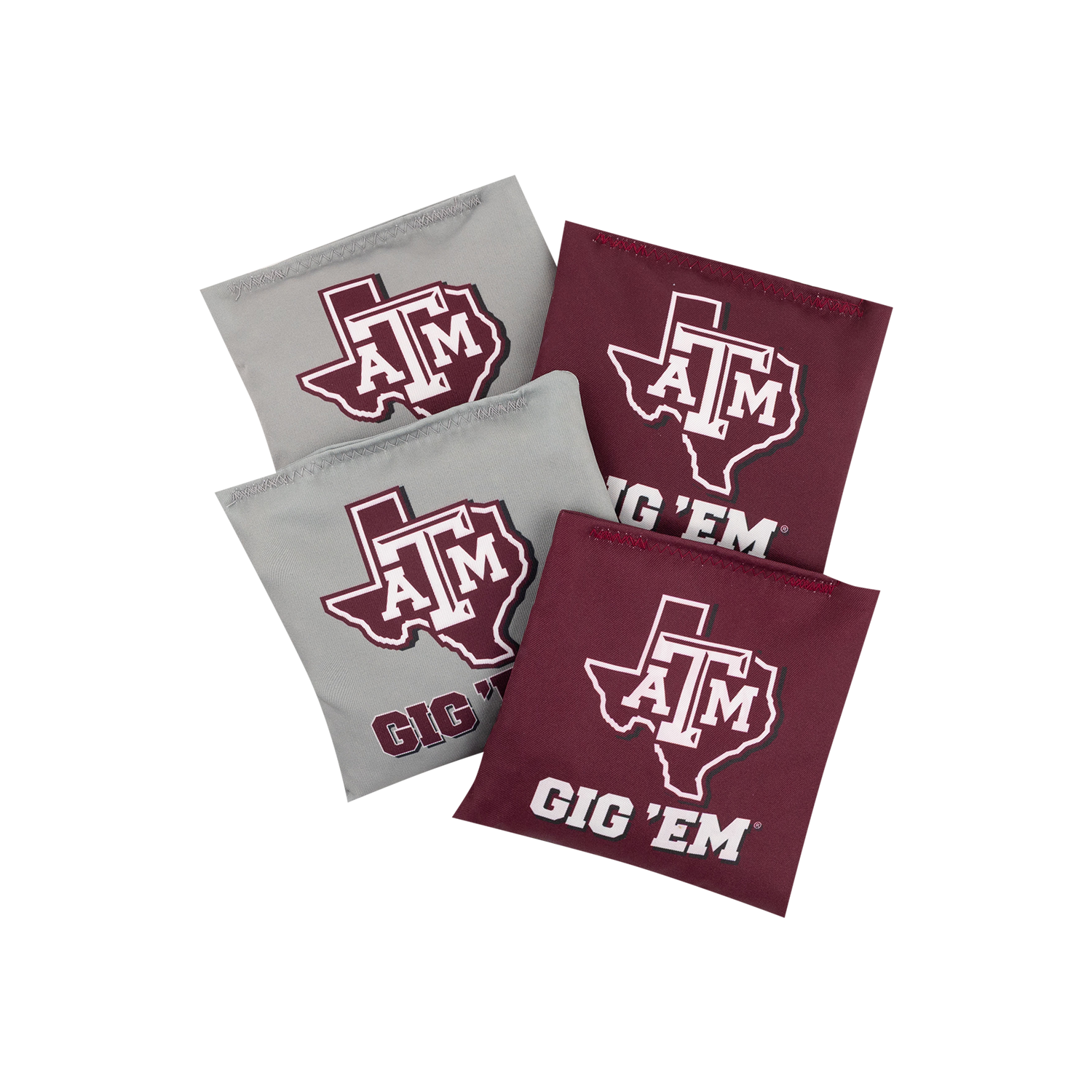 4 maroon and 4 grey Texas A&M Gig Em cornhole bean bags spread out