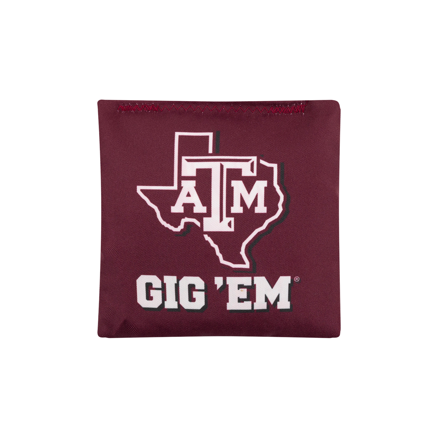 Close-up of maroon Texas A&M Gig Em cornhole bean bag with A&M logo