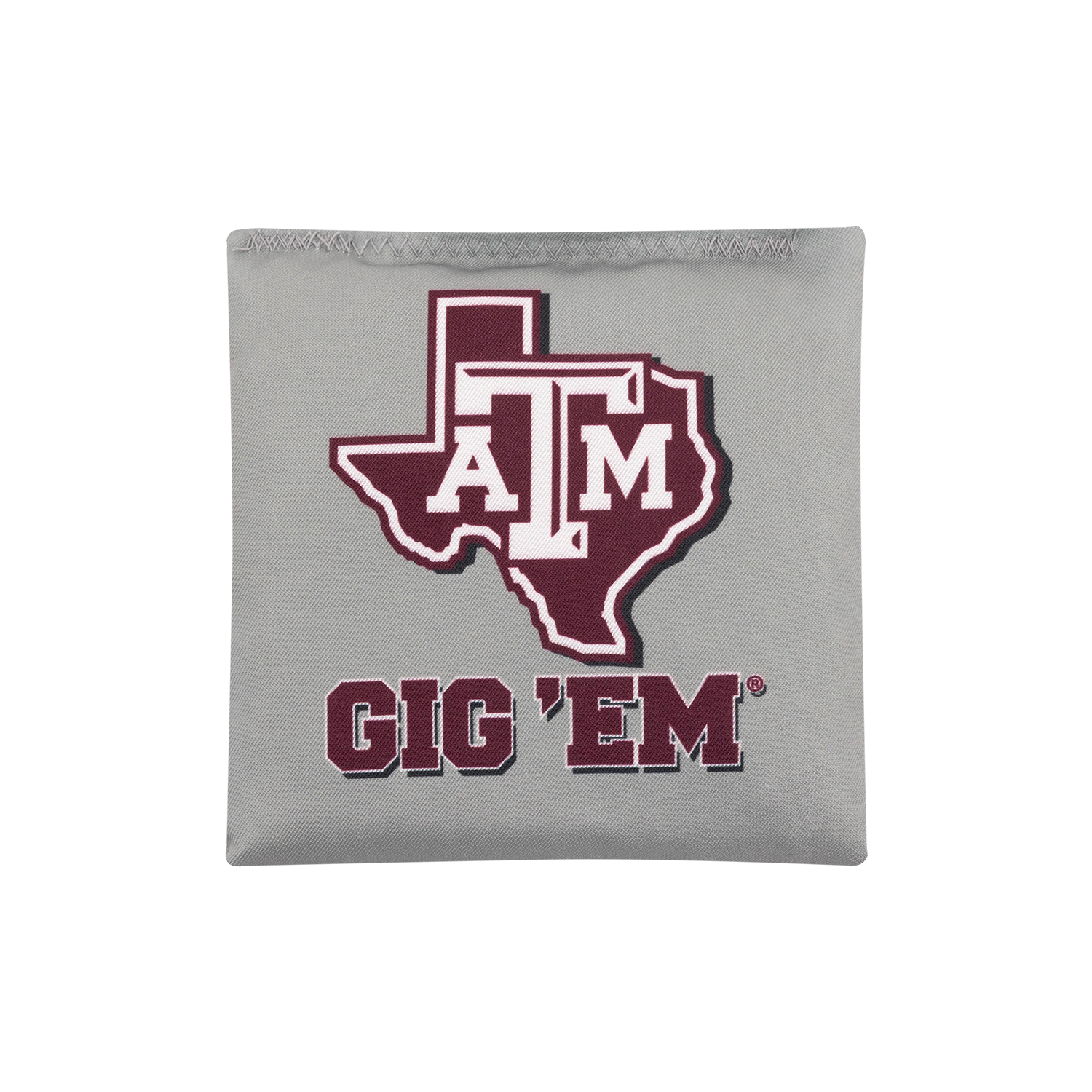 Close-up of grey Texas A&M Gig Em cornhole bean bag with A&M logo