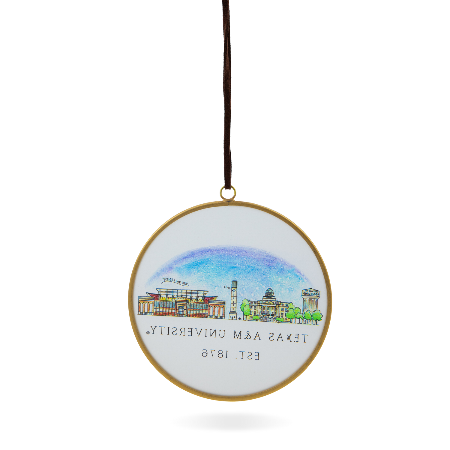 Texas A&M University Skyline Brass Glass Ornament