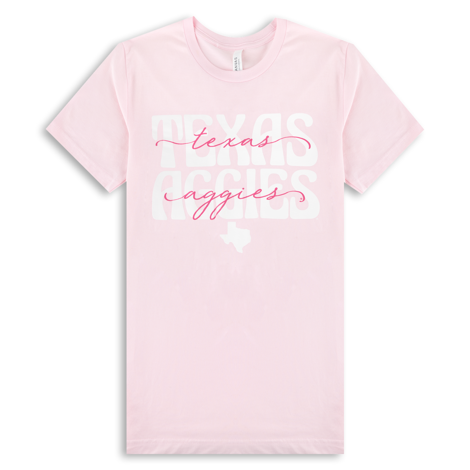 light pink shirt with white writing