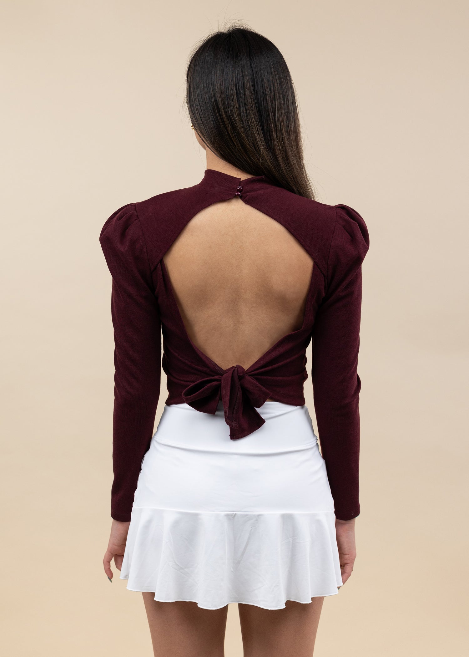 Maroon Open Back Long Sleeve Top