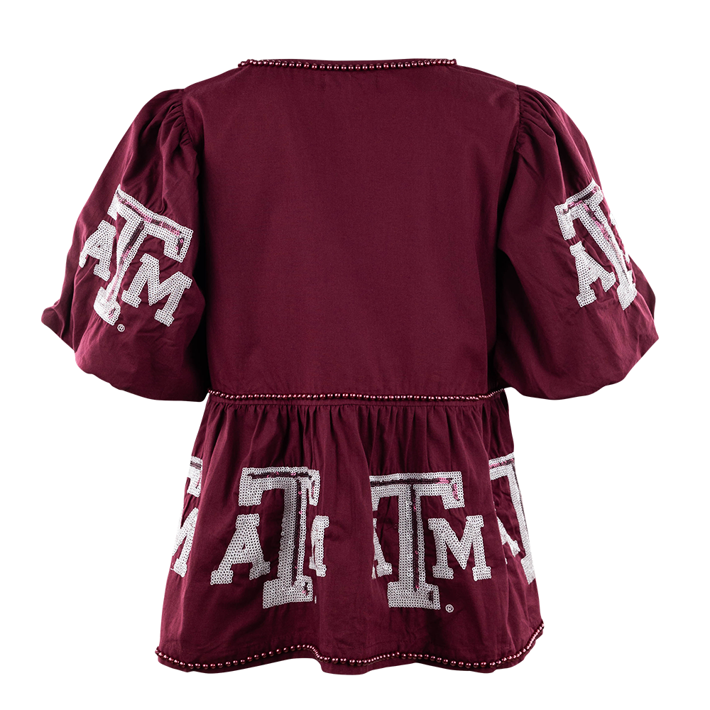 Texas A&M Stewart Simmons Puff Sleeve Peplum Top