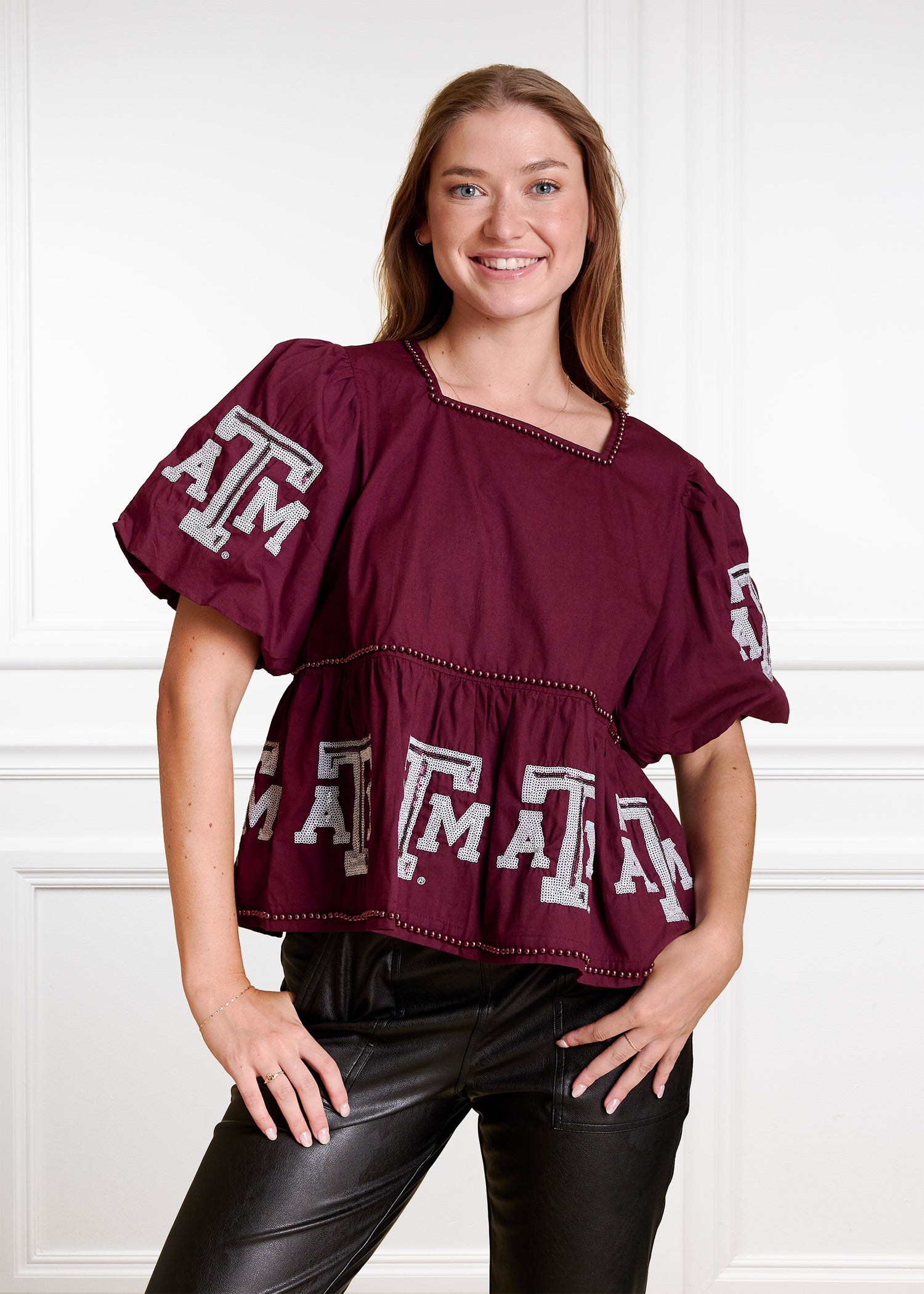 Texas A&M Stewart Simmons Puff Sleeve Peplum Top