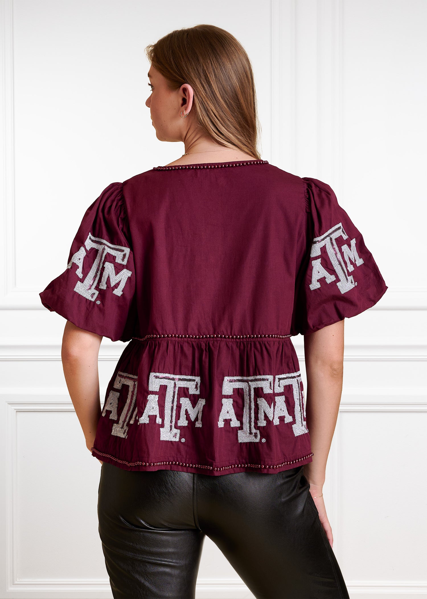 Texas A&M Stewart Simmons Puff Sleeve Peplum Top