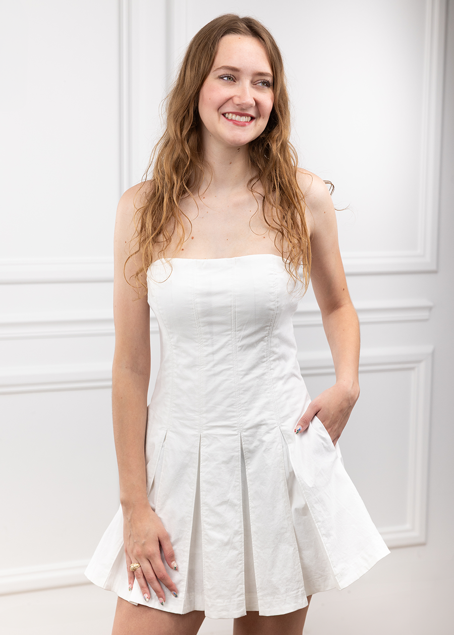 White Strapless Pleated Dress