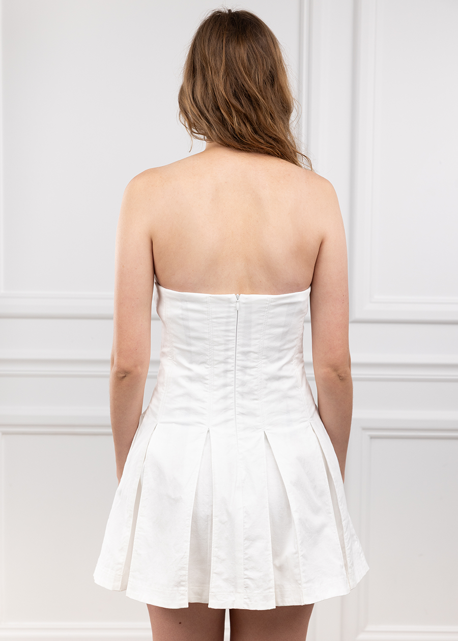 White Strapless Pleated Dress