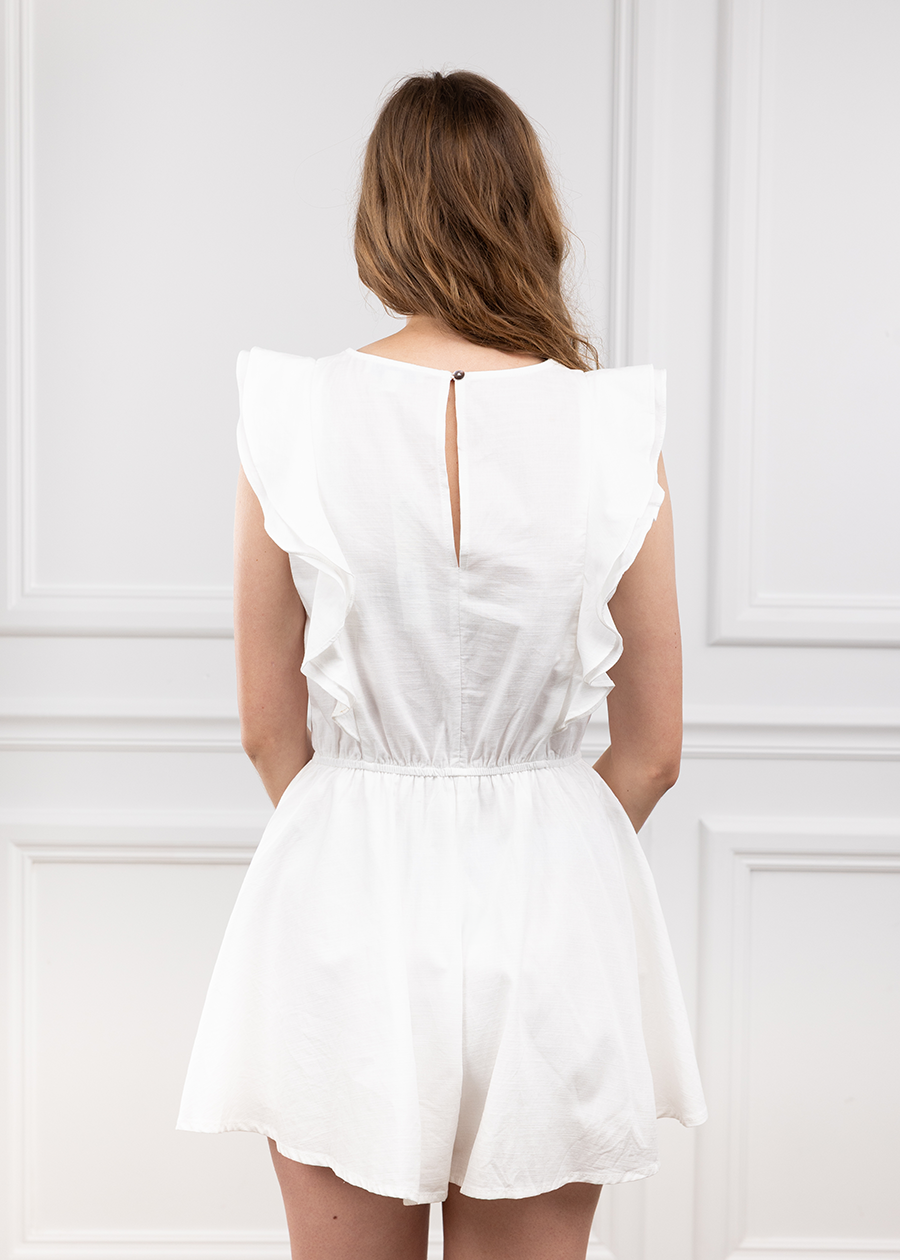 White Flutter Sleeve Woven Romper