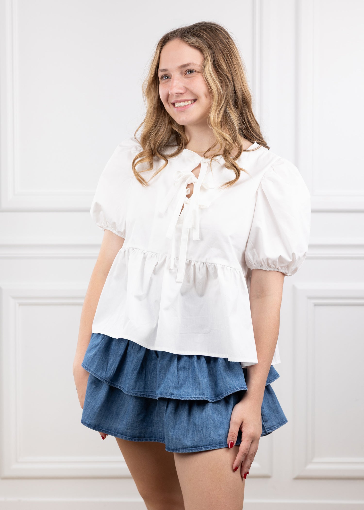 White Puffy Short Sleeve Poplin Top