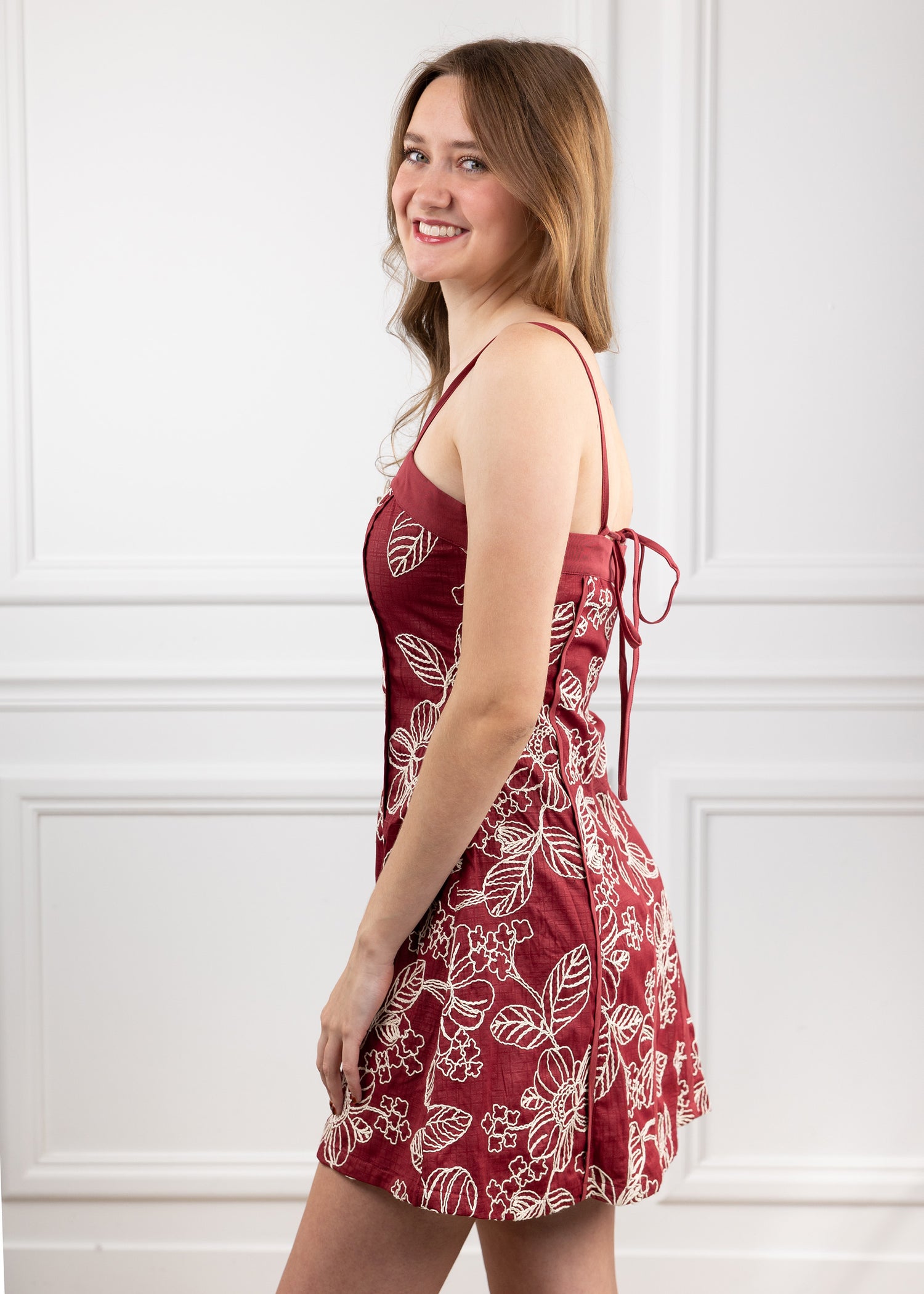 Baby Pink White Embroidered Floral Maroon Dress