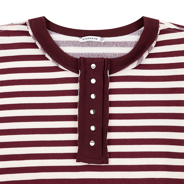 STACCATO Maroon Stripe French Terry Snap Button Pullover