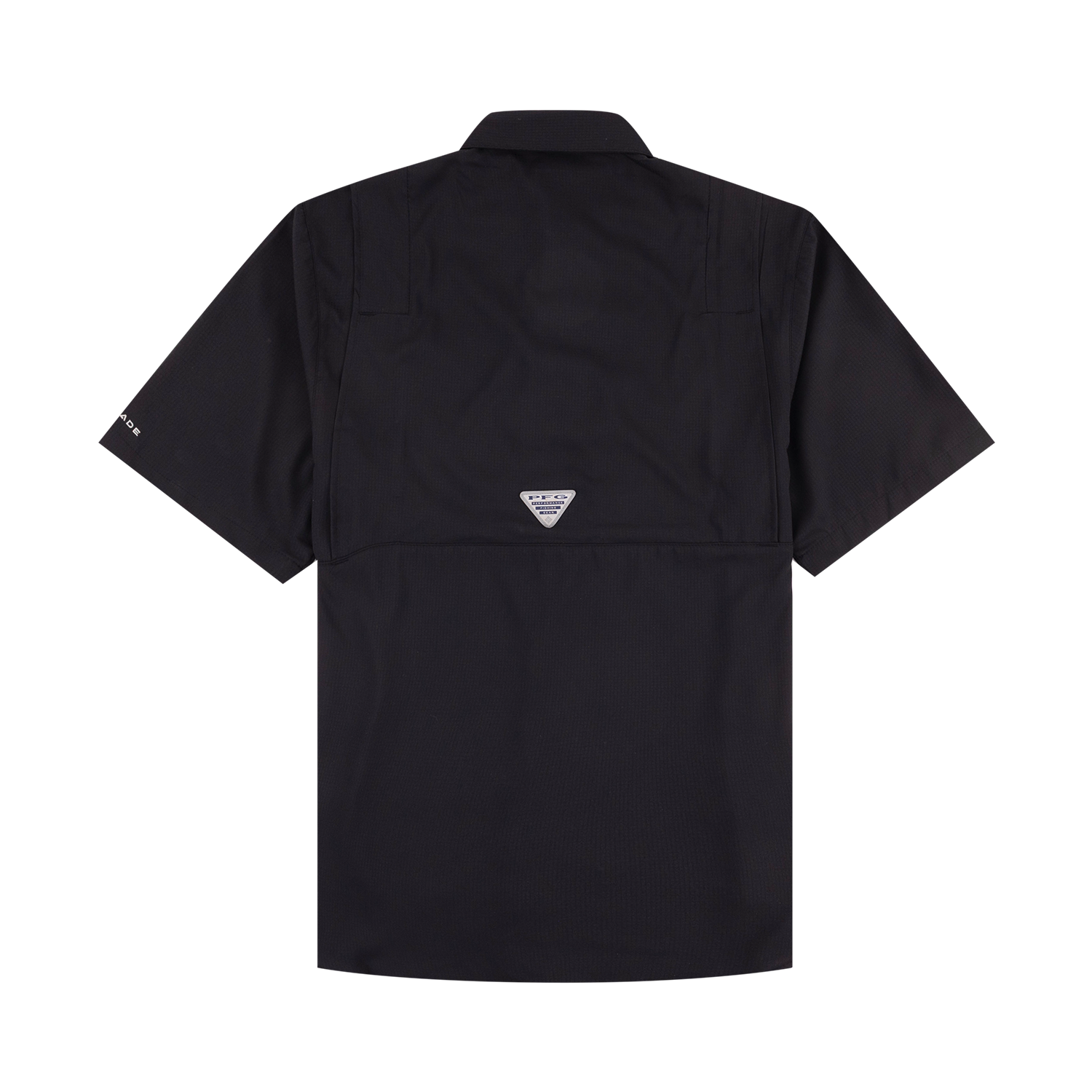 A black short-sleeve work shirt shown from the back, featuring a small white triangular logo patch centered on the upper back and a small white logo on the left sleeve, set against a plain white background.