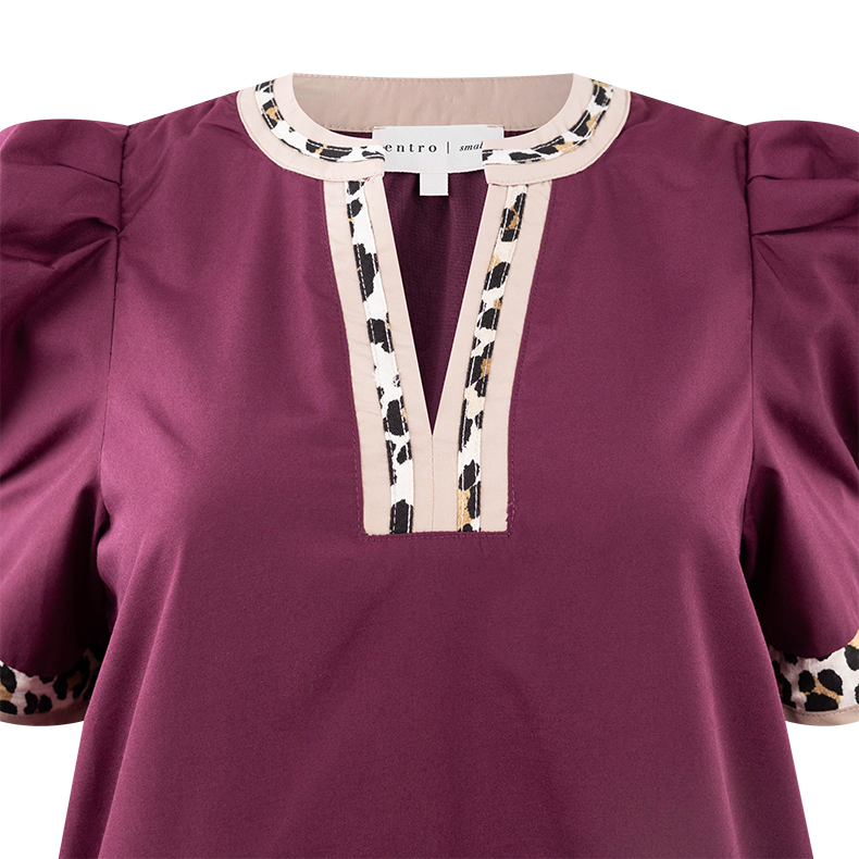 ENTRO Leopard Trim Puff Sleeve Dress