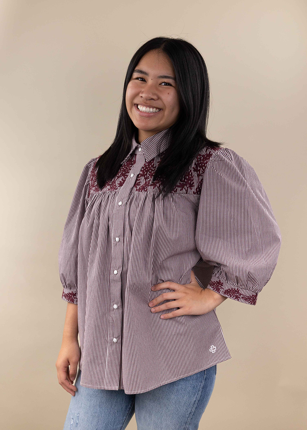 Collegiate Outfitters Gingham Bluebonnet Blouse - Maroon