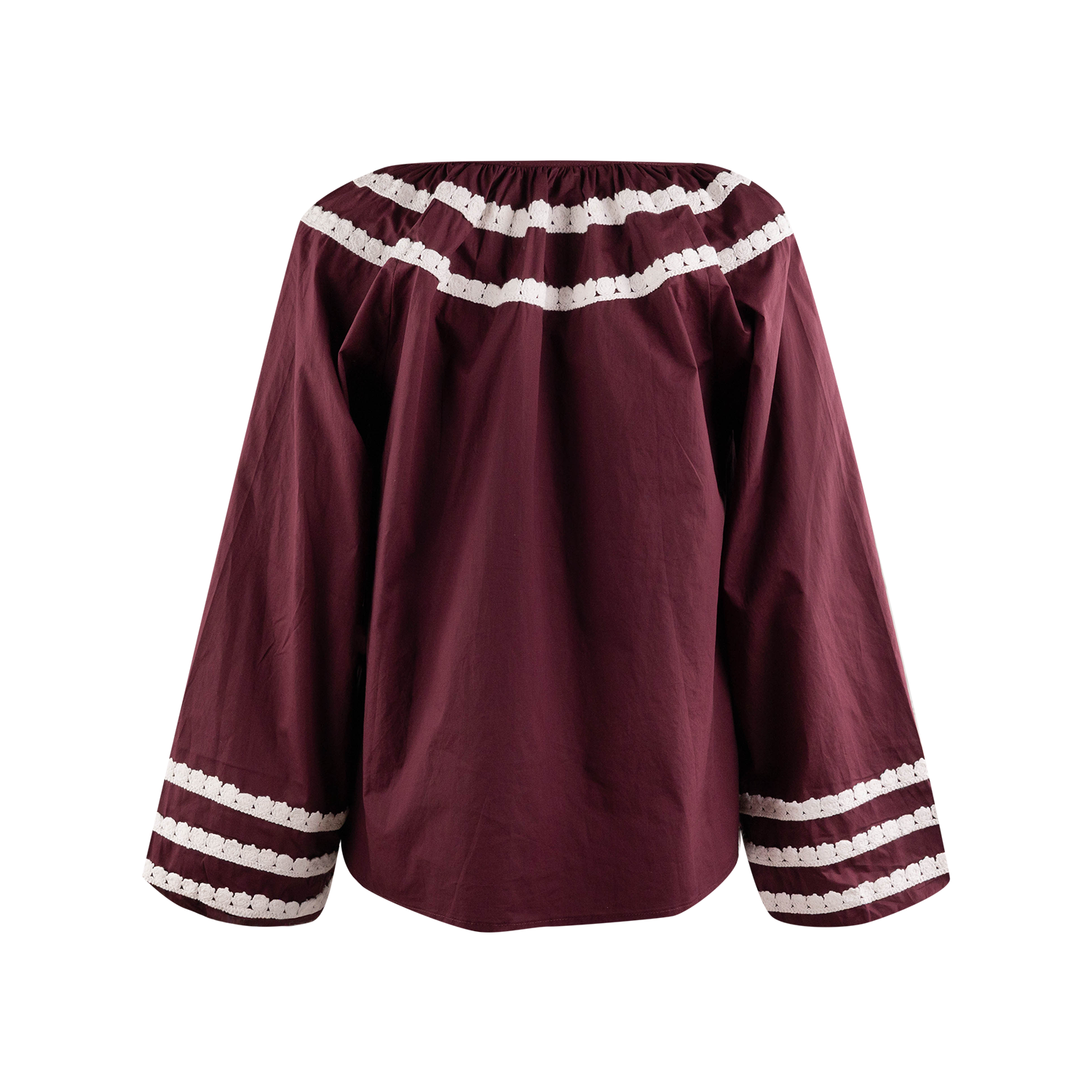 maroon and white embroidered long sleeve top from back