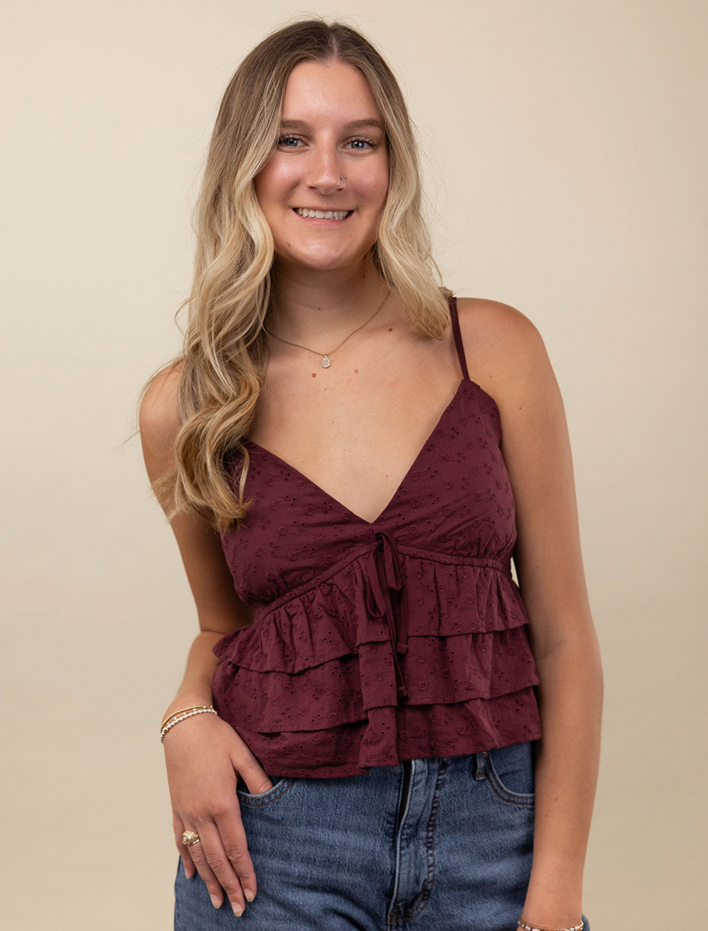 Collegiate Outfitters V-Neck Ruffle Top - Maroon