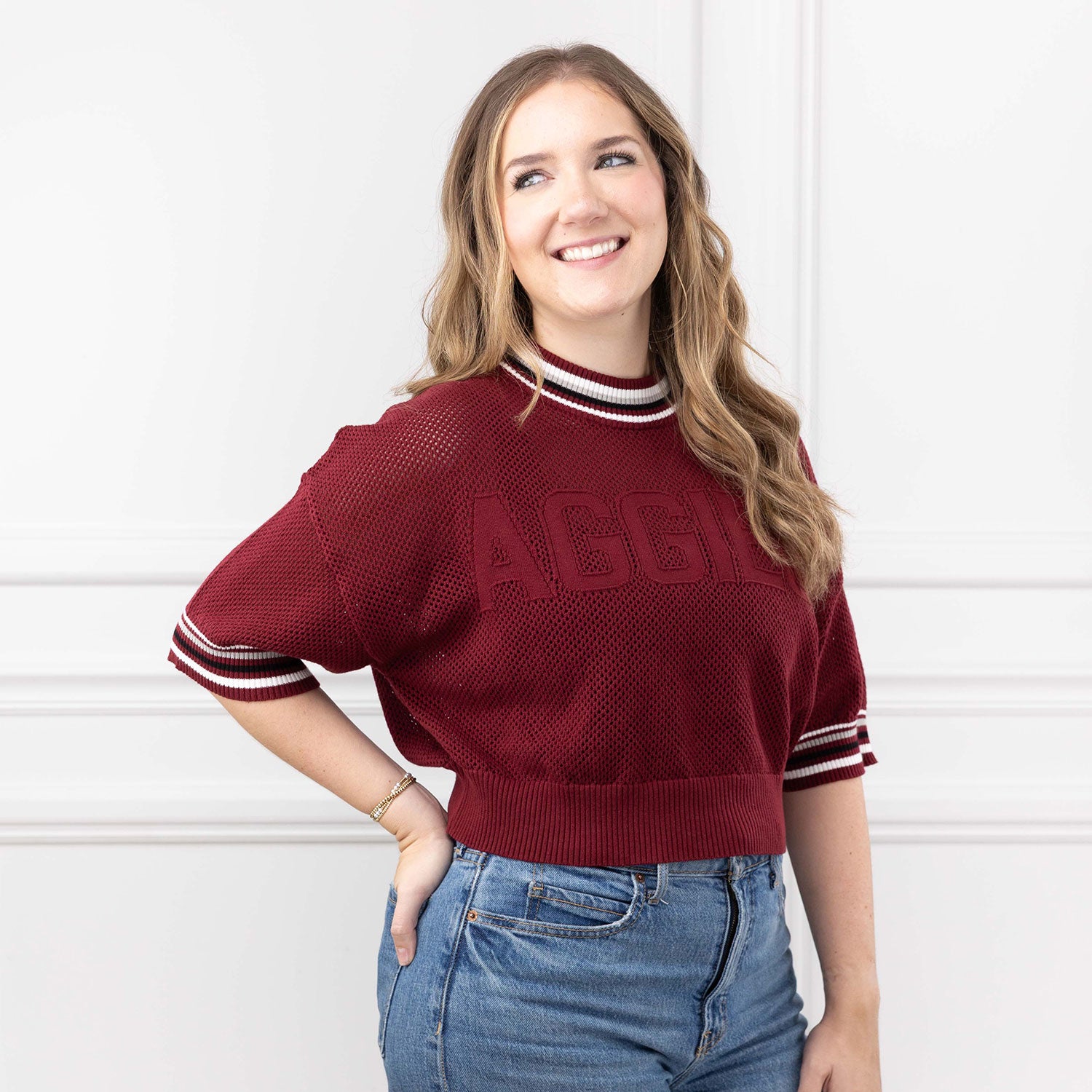 Aggies KADYLUXE Loose Knit Striped Trim Top - Maroon