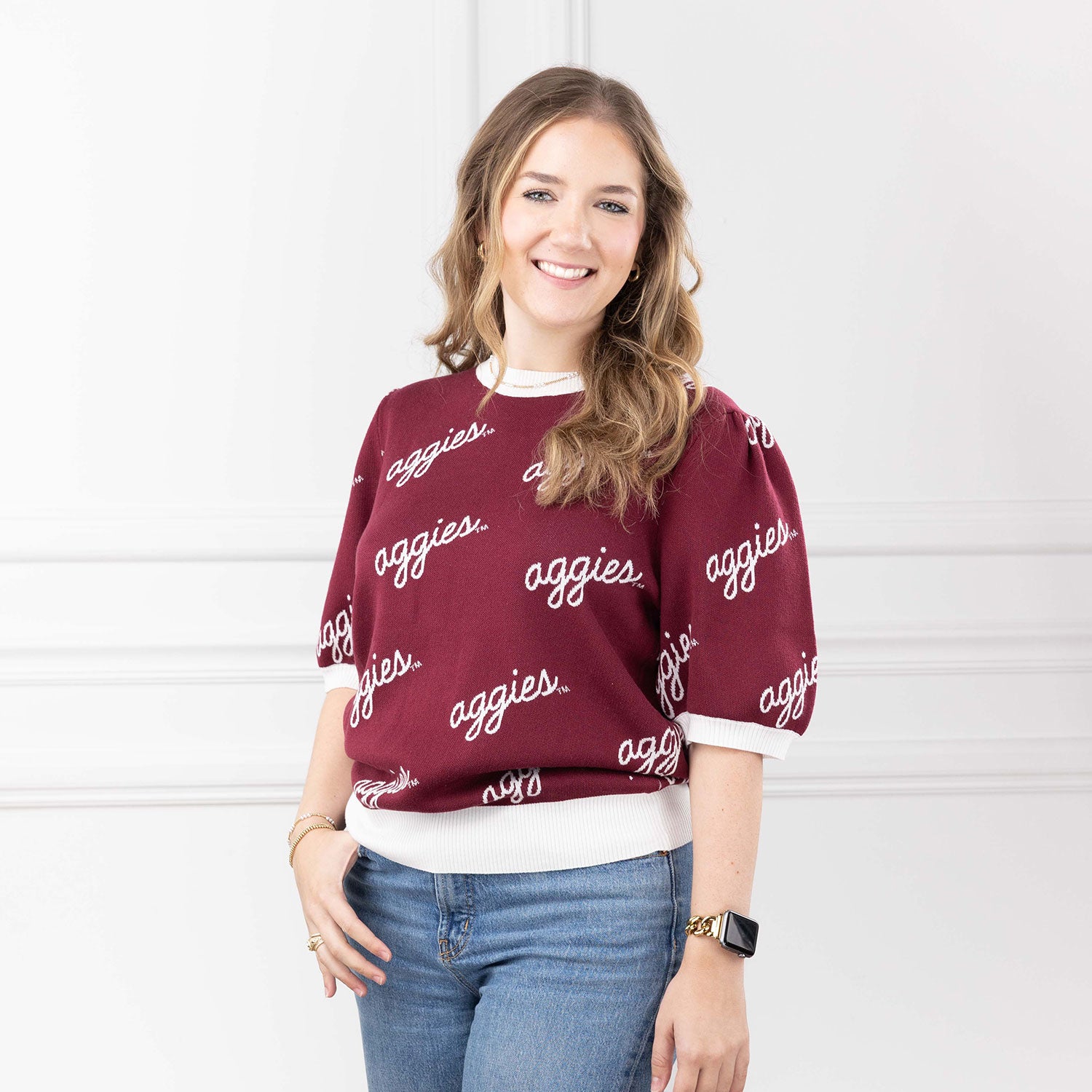 Script Aggies Stewart Simmons Puff Sleeve Sweater - Maroon