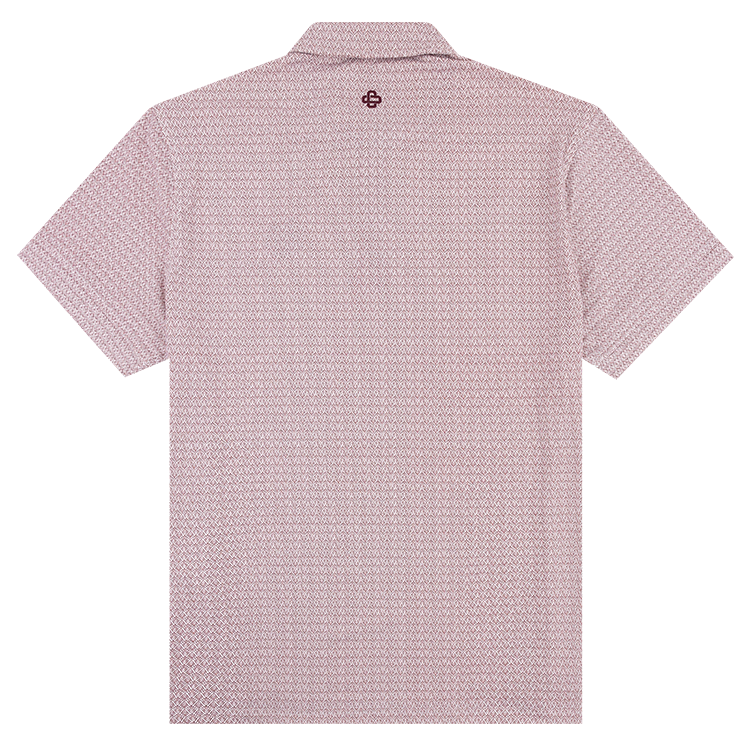 back of maroon designed polo with maroon emblem