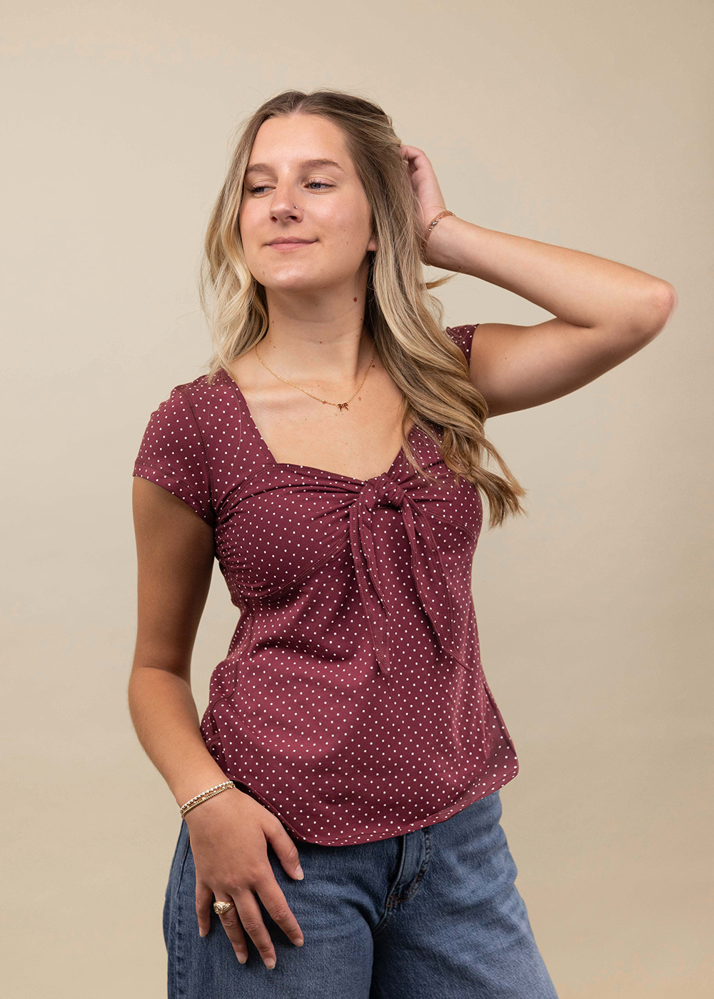 Collegiate Outfitters Polka Dot Tie Blouse - Maroon