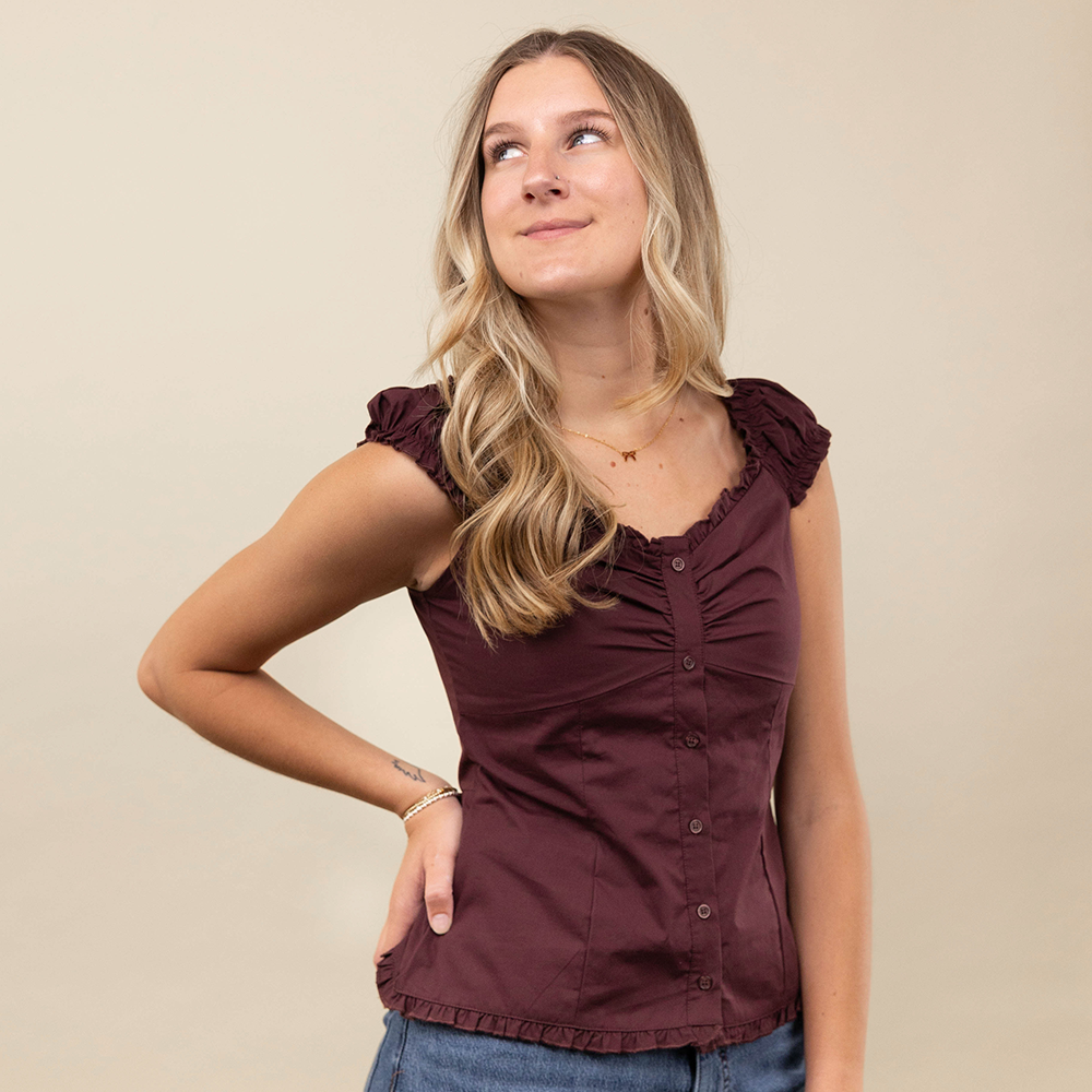 Collegiate Outfitters Cap Sleeve Button Down Blouse - Maroon