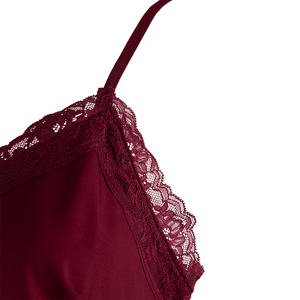 Close-up of maroon lace V-neckline trim on Collegiate Outfitters spaghetti strap tank