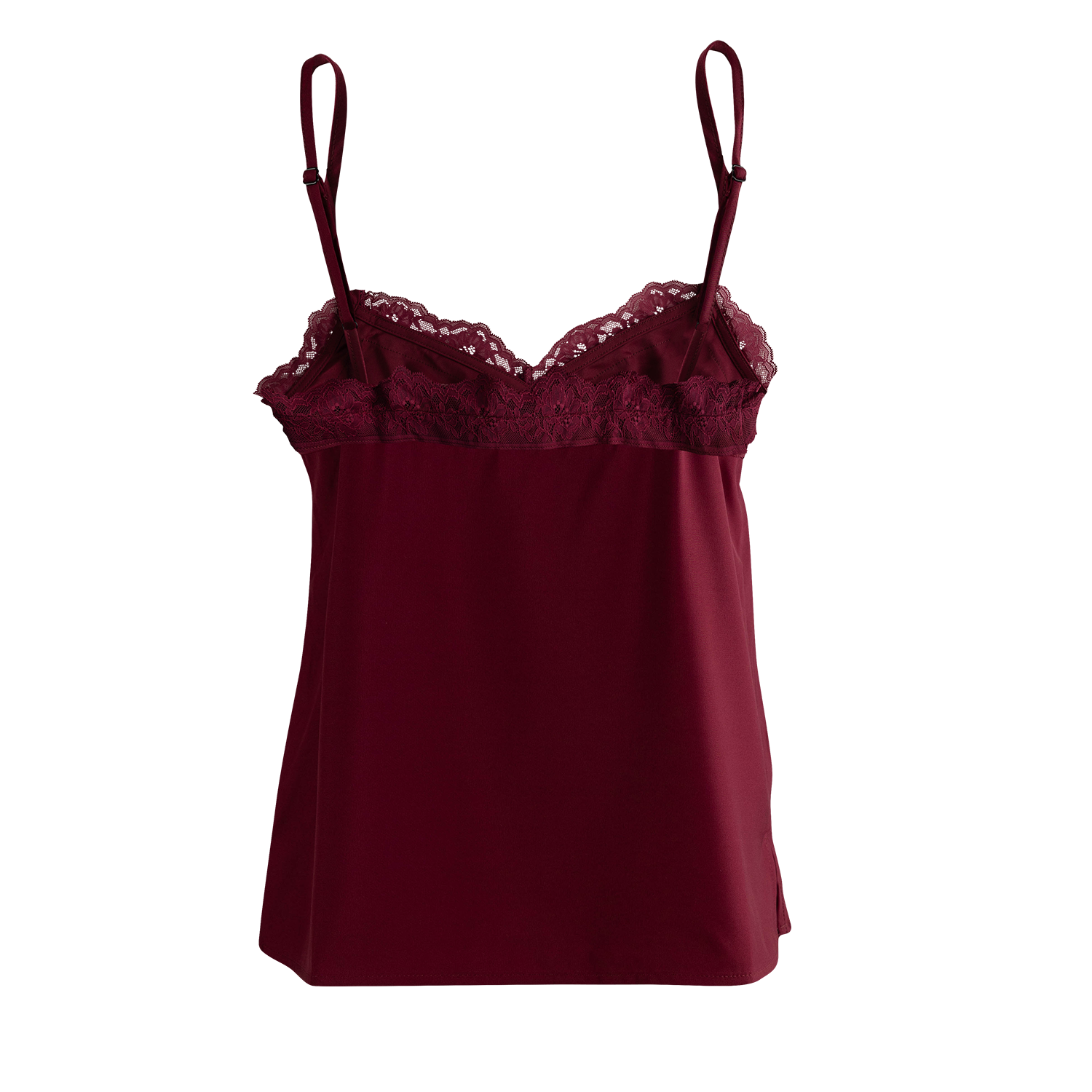 Back view of Collegiate Outfitters maroon lace ruffle spaghetti strap tank