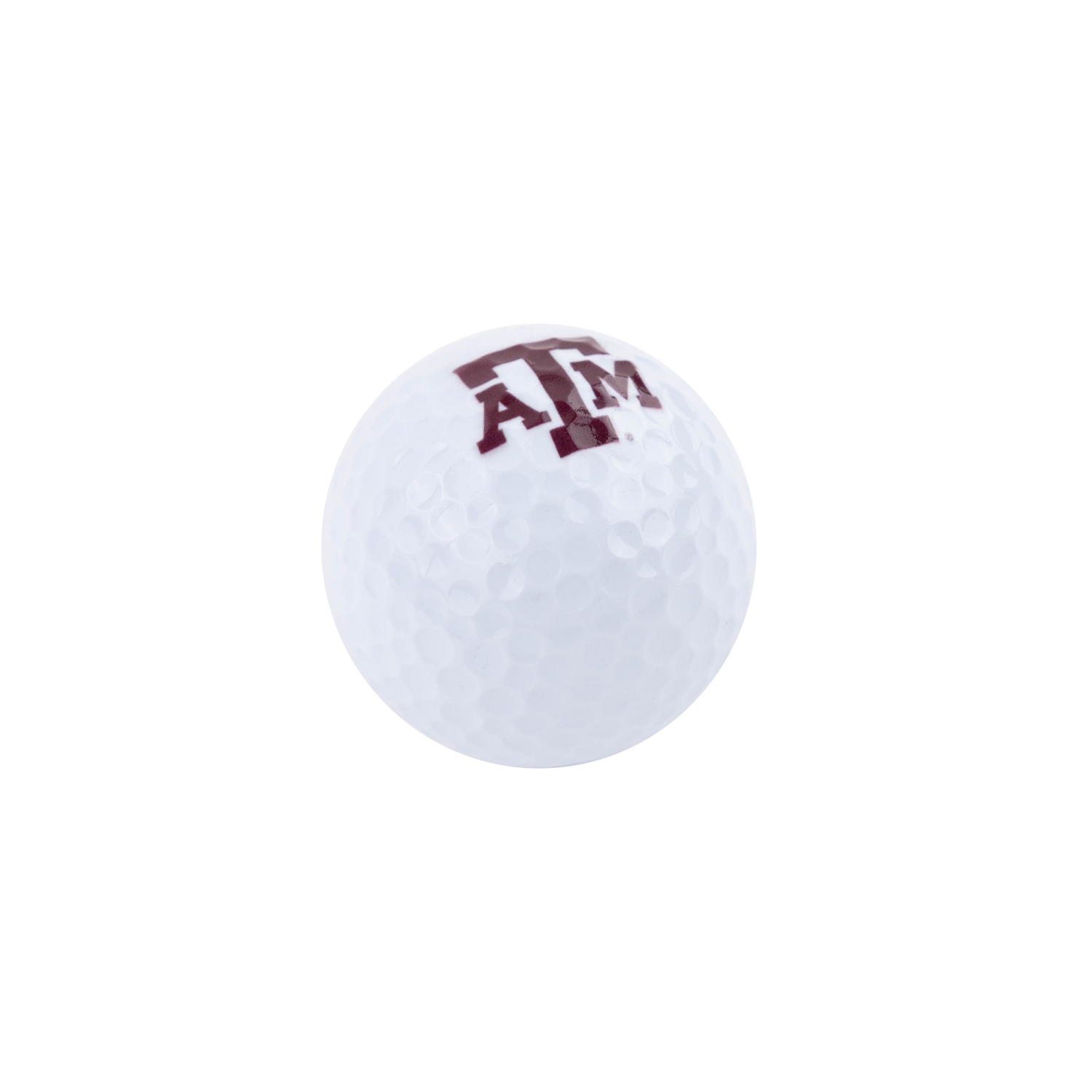 A white dimpled golf ball featuring the maroon Texas A&M 'A&M' logo on the front, isolated on a solid white background.