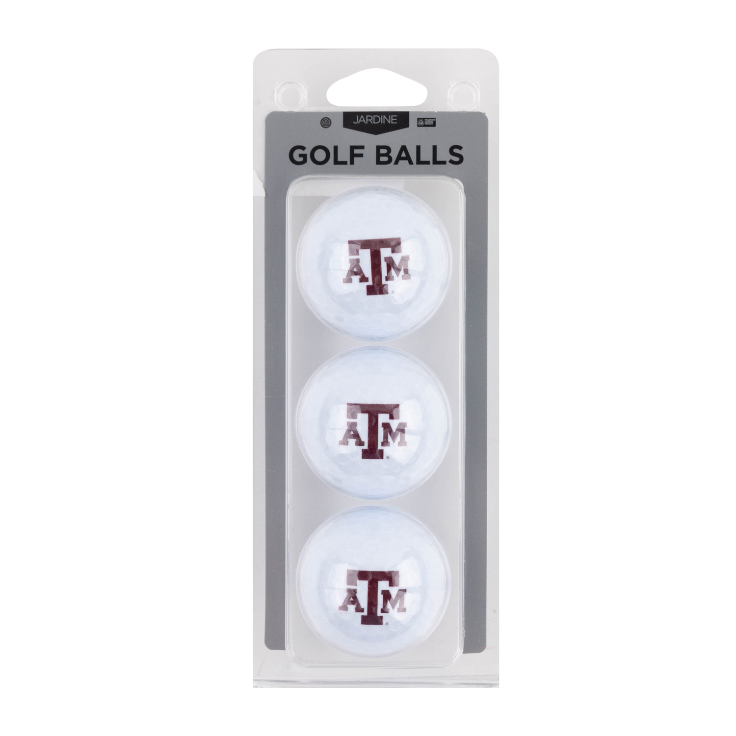 Pack of three white golf balls with the Texas A&M 'A&M' logo in maroon, in a clear blister pack with a gray header card.