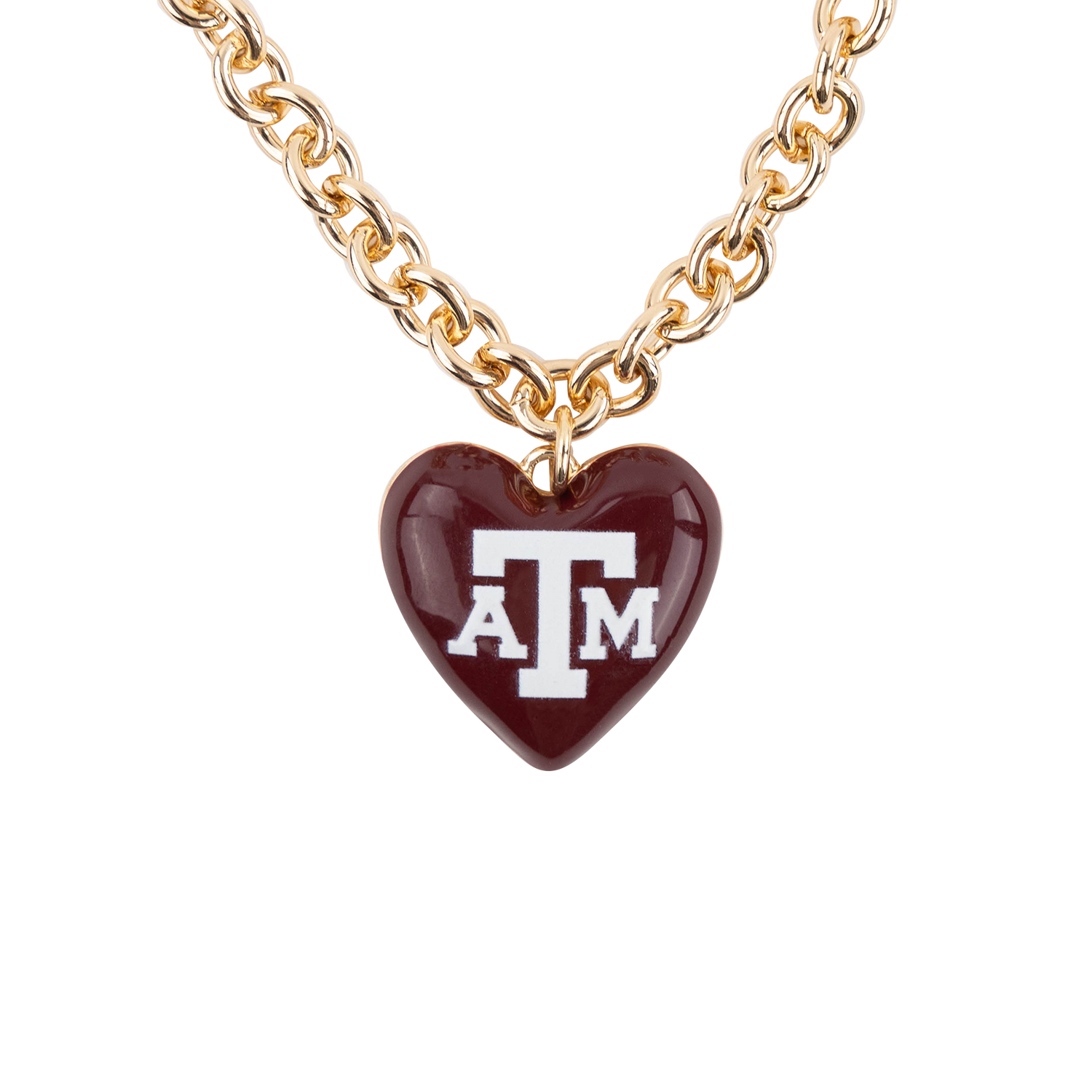 Close-up of maroon enamel Texas A&M heart pendant on gold chain necklace