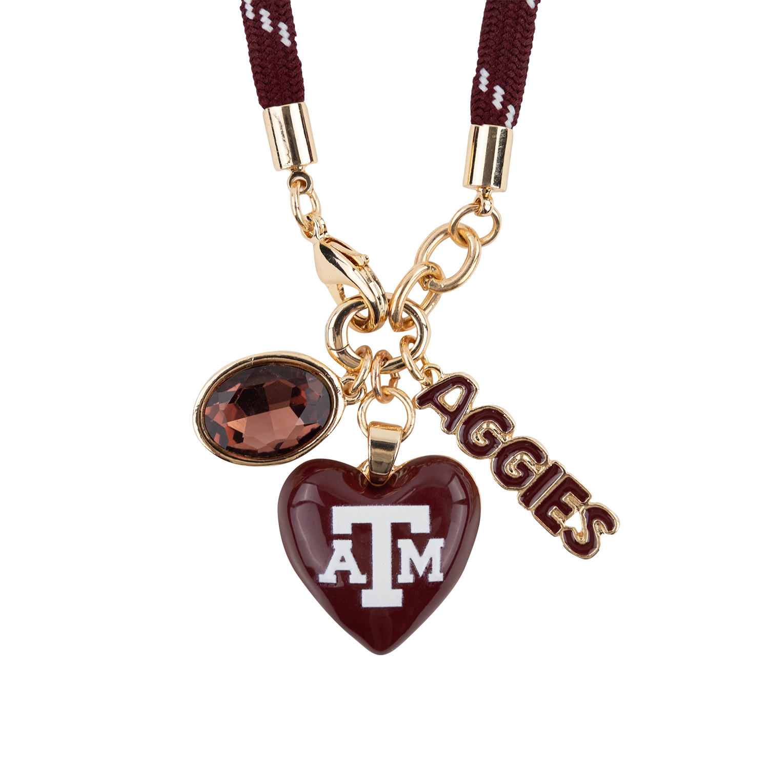 close up of maroon and gold Texas A&M emblems on maroon paracord - front