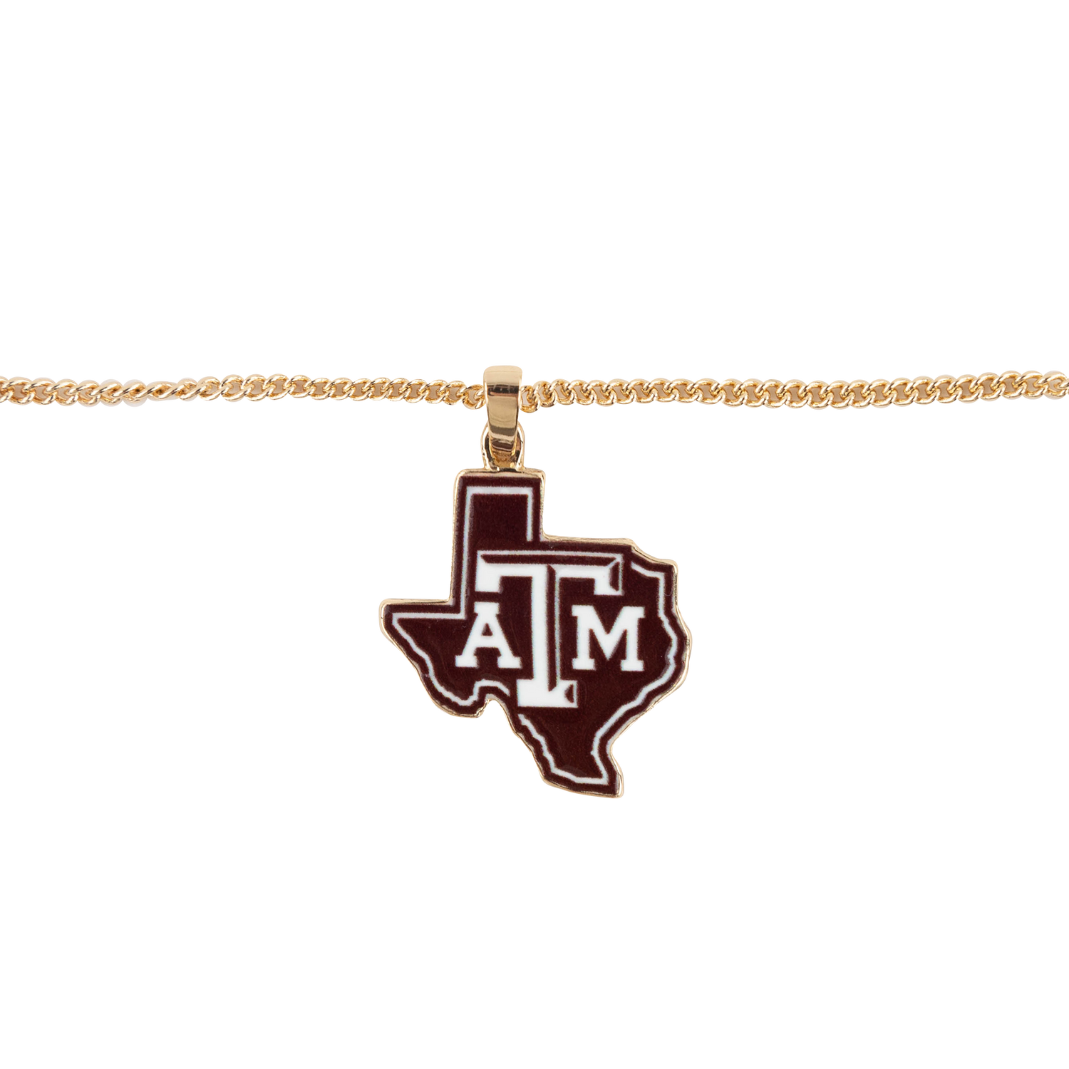 Close up of maroon enamel Lonestar Texas A&M decal on gold chain