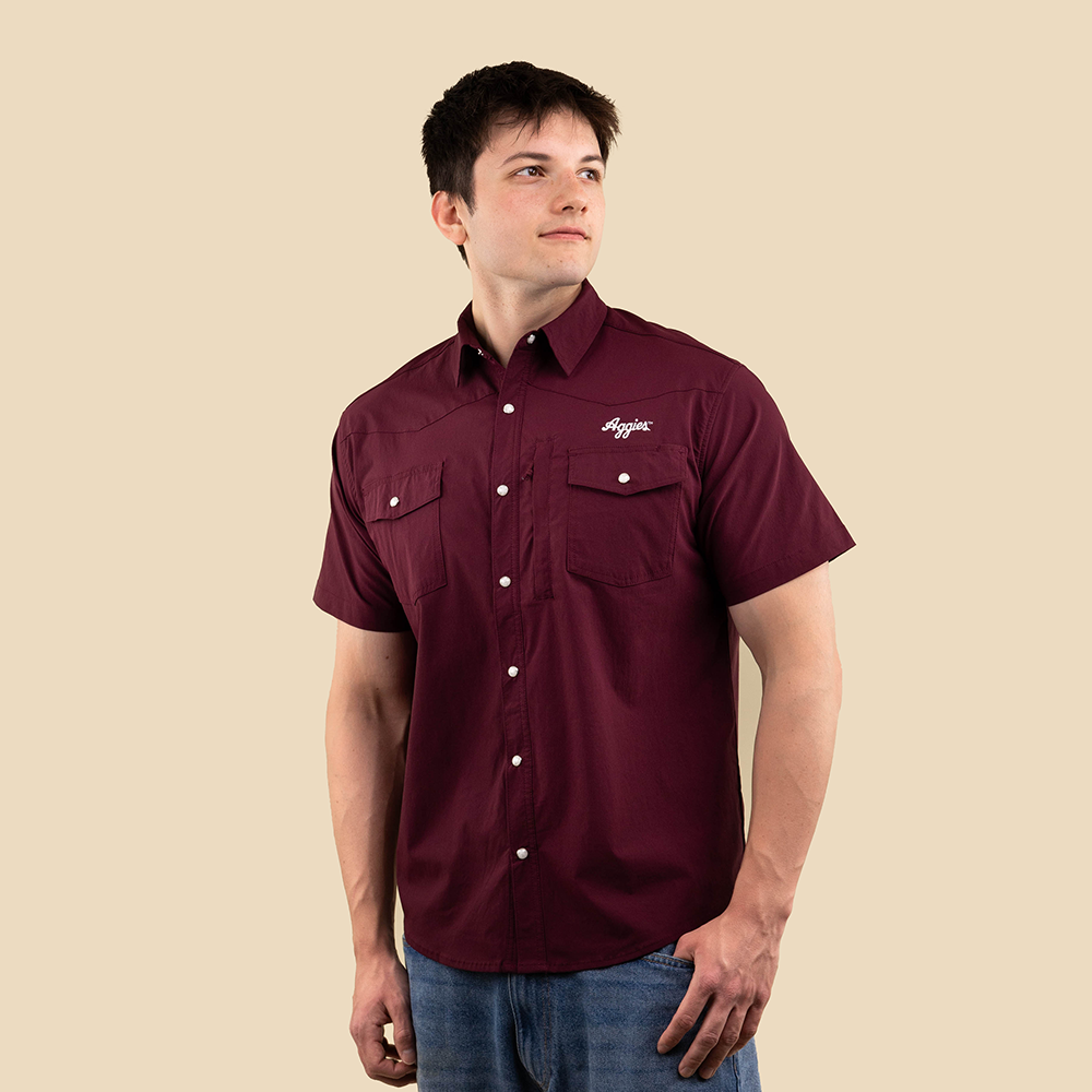 Script Aggies Collegiate Outfitters Dockside Pearl Button Down - Maroon