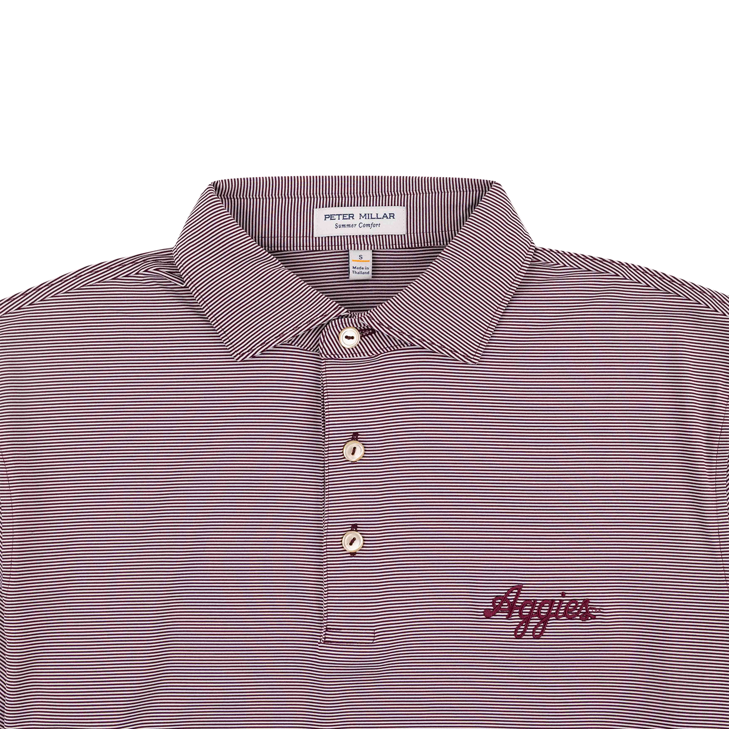 Close up of collar and buttons on maroon and white striped polo with maroon text on chest