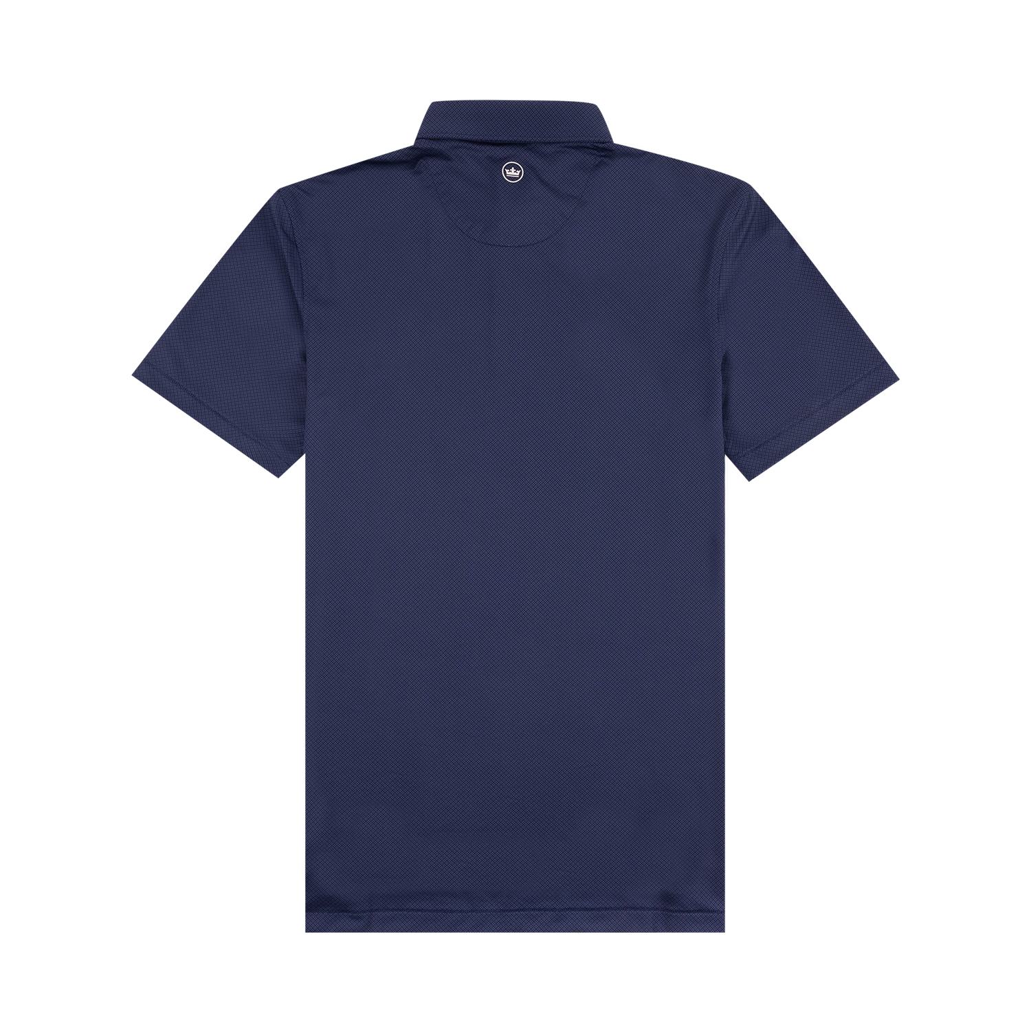 A navy blue short-sleeve polo shirt shown from the back, laid flat against a solid white background.