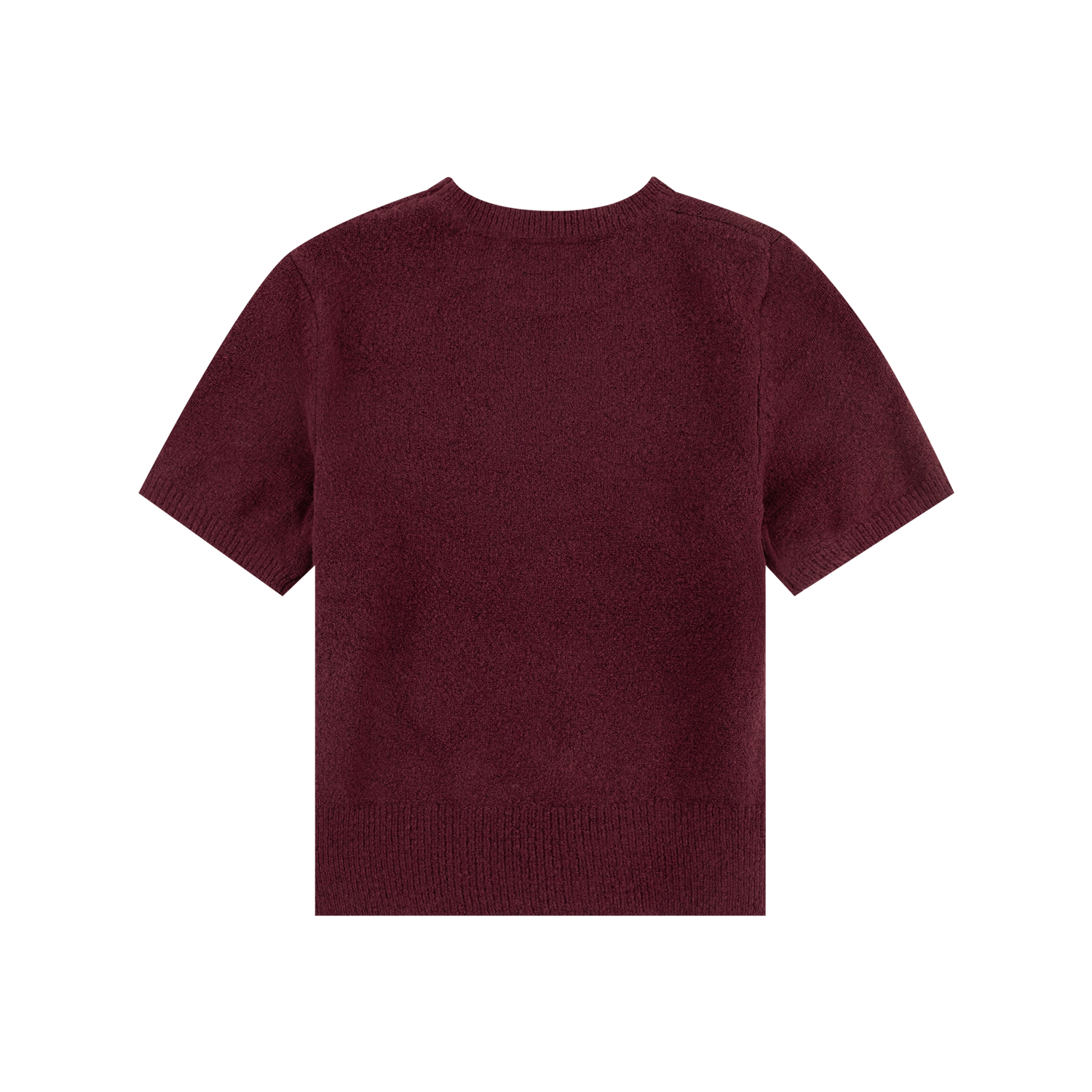 A short-sleeve knit sweater in a deep burgundy color, shown from the back against a plain white background.