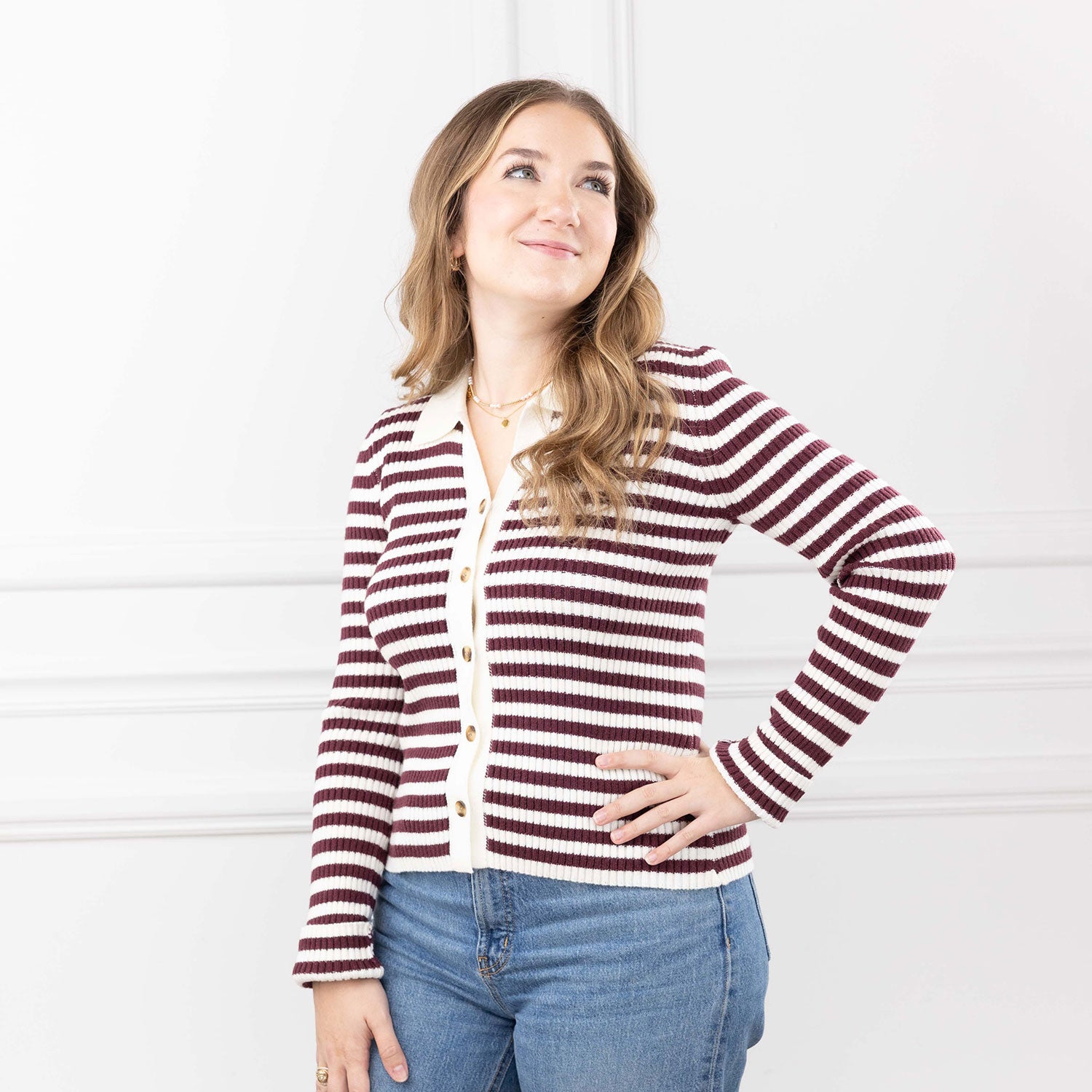 Double Zero Stripped Button Down Cardigan - Maroon
