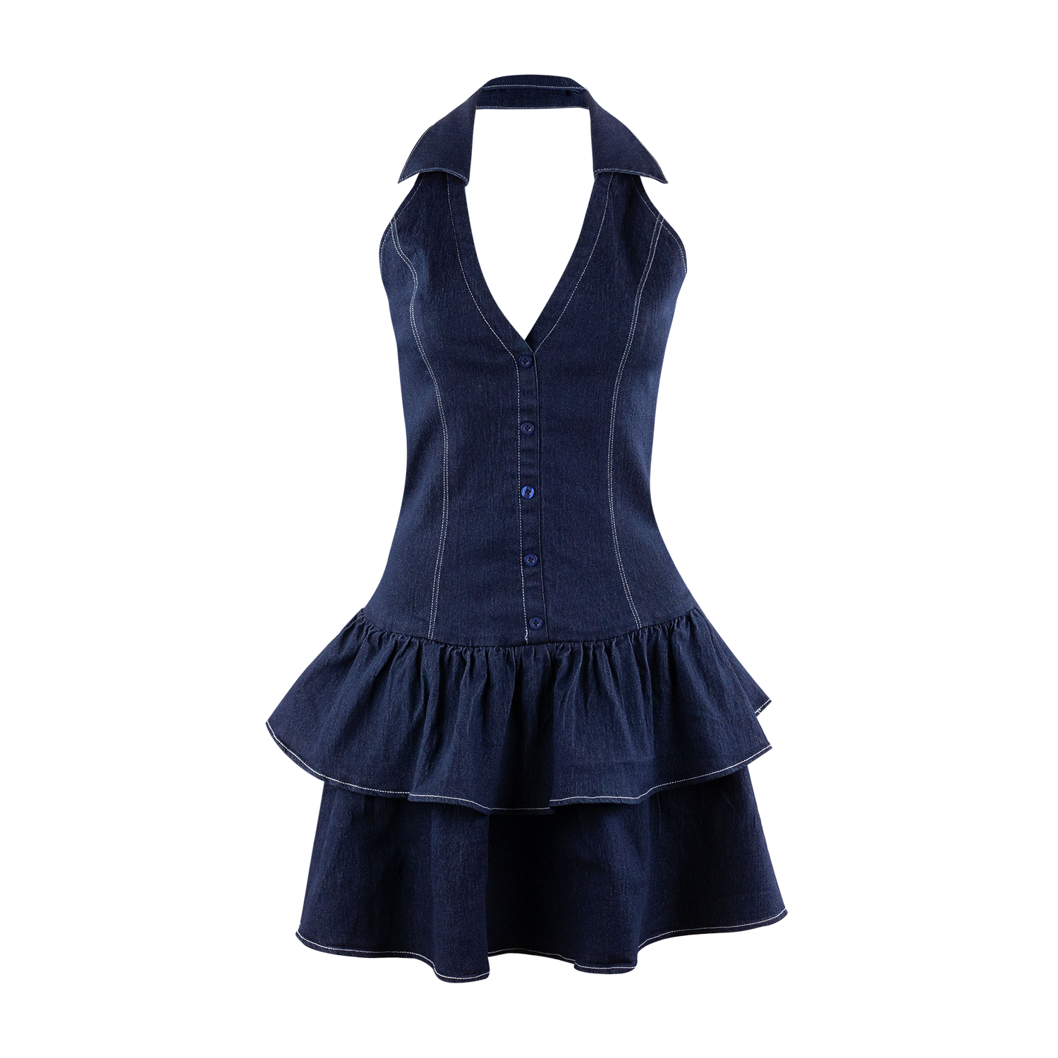 Baby Pink Collared Ruffle Dress - Denim