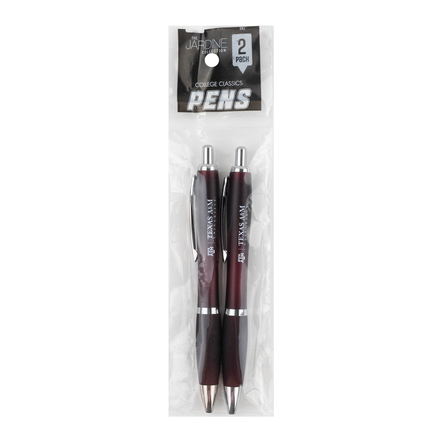 A 2-pack of dark brown and black JARDONE Classic Charged Classics retractable pens in clear plastic packaging with a black header card.