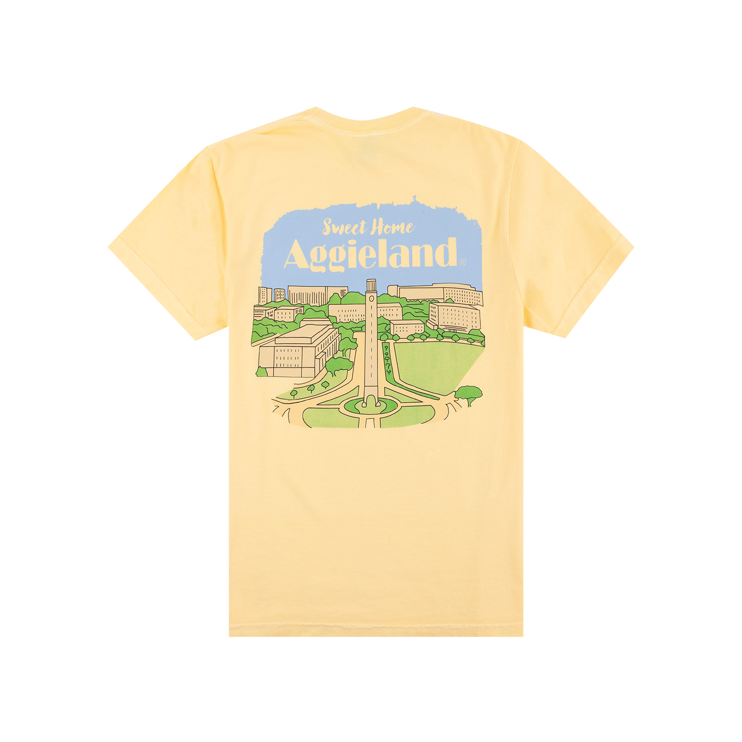 Back of Texas A&M Comfort Colors Sweet Home Aggieland T-Shirt with illustrated campus graphic in Yellow
