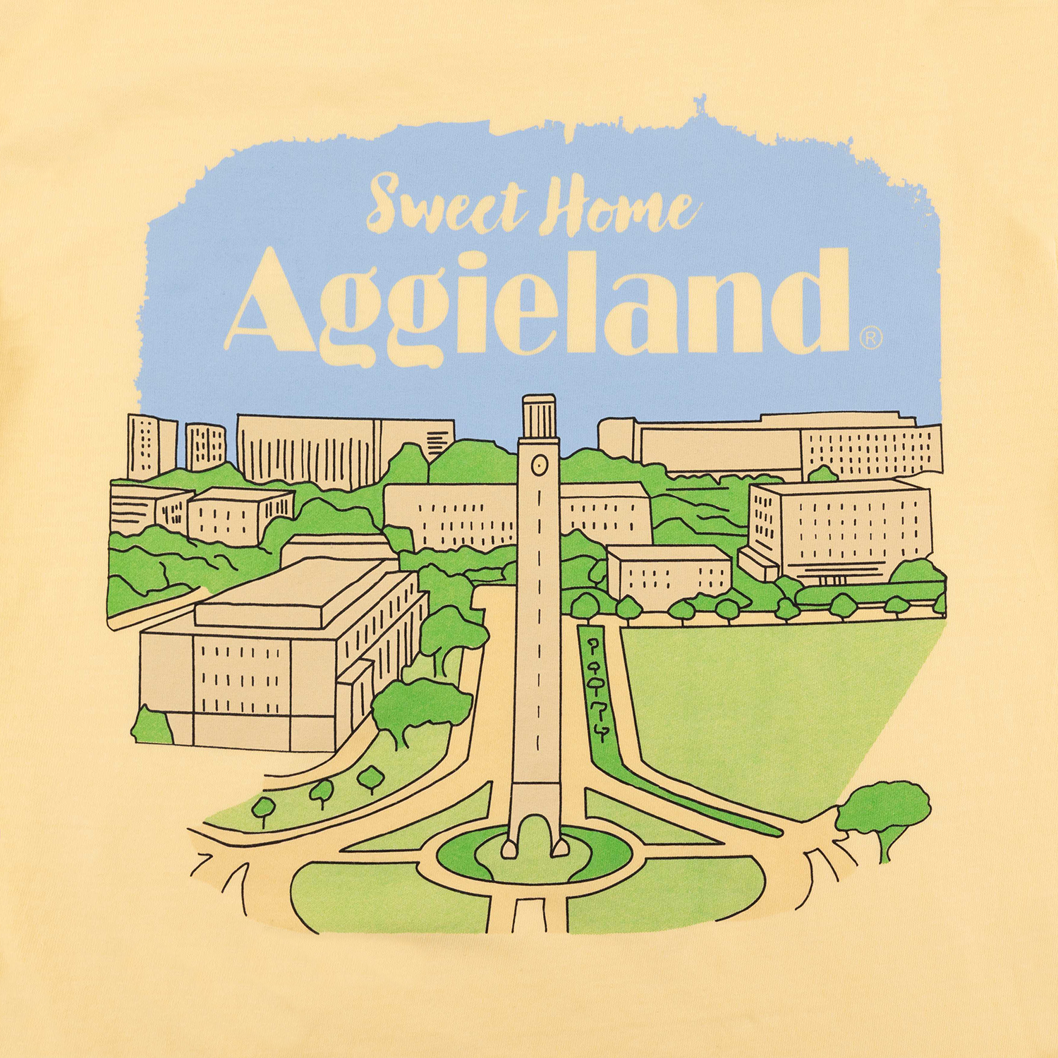 Close-up of Sweet Home Aggieland campus graphic with Academic Building on yellow Comfort Colors tee