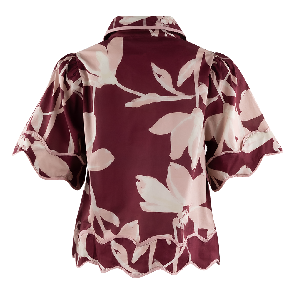 Entro Abstract Floral Button Down Blouse - Maroon