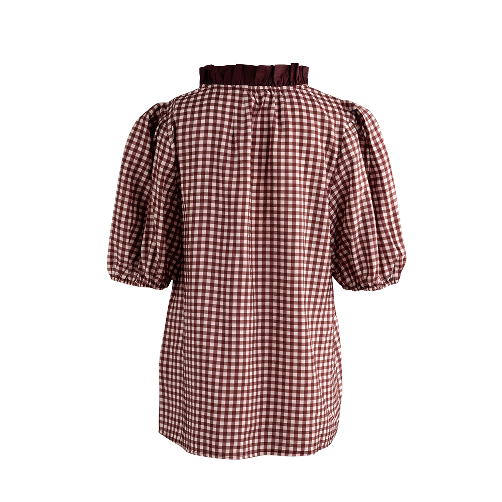ENTRO Gingham Half Sleeve Blouse - Maroon