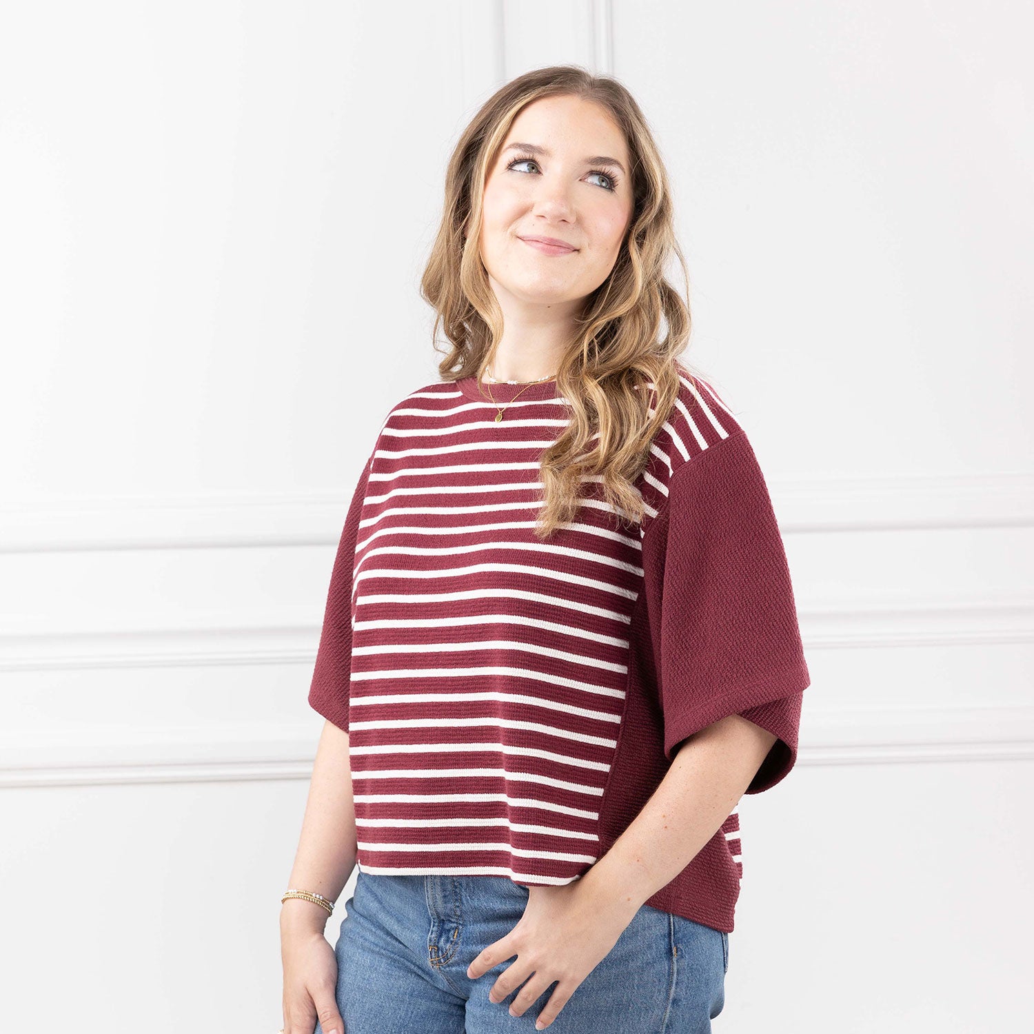 Tres Bien Striped Boxy Knit Top - Maroon