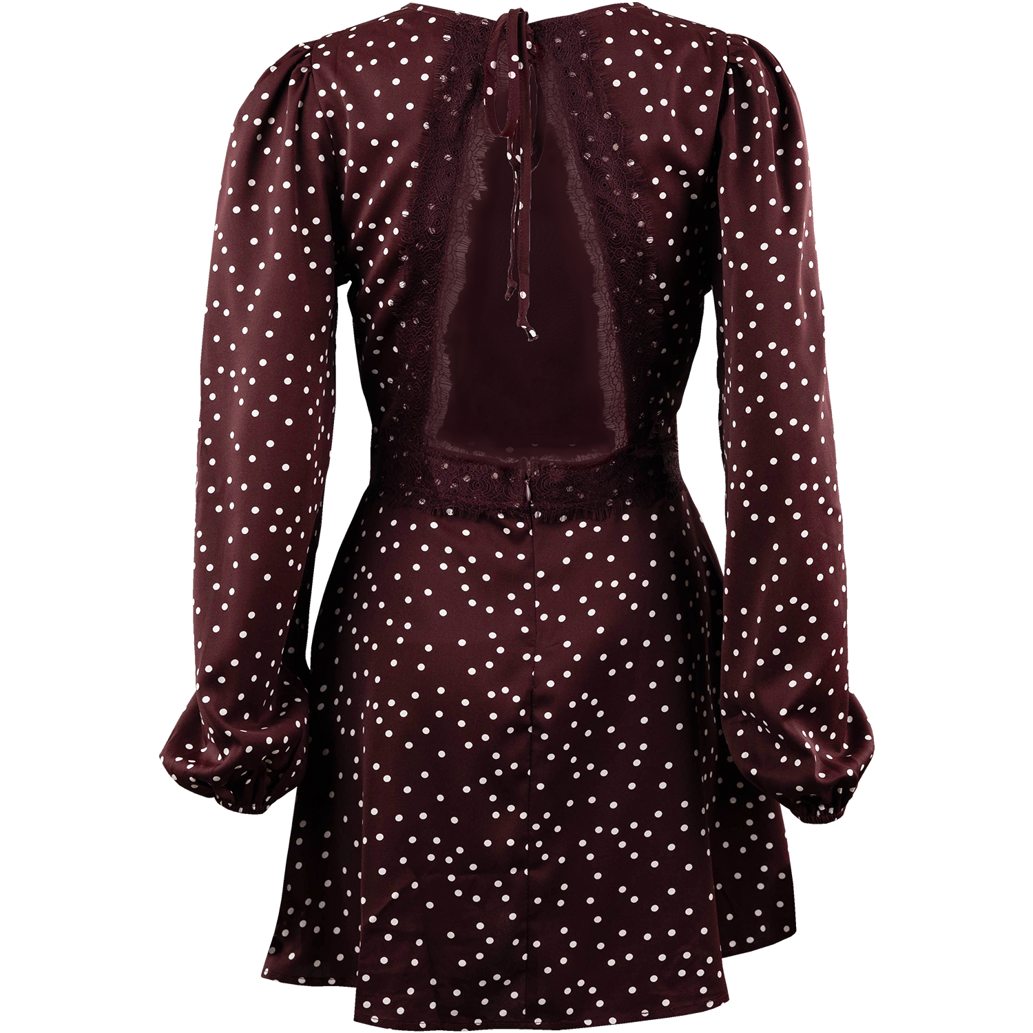 Timing Polka Dot Long Sleeve Open Back Dress - Maroon
