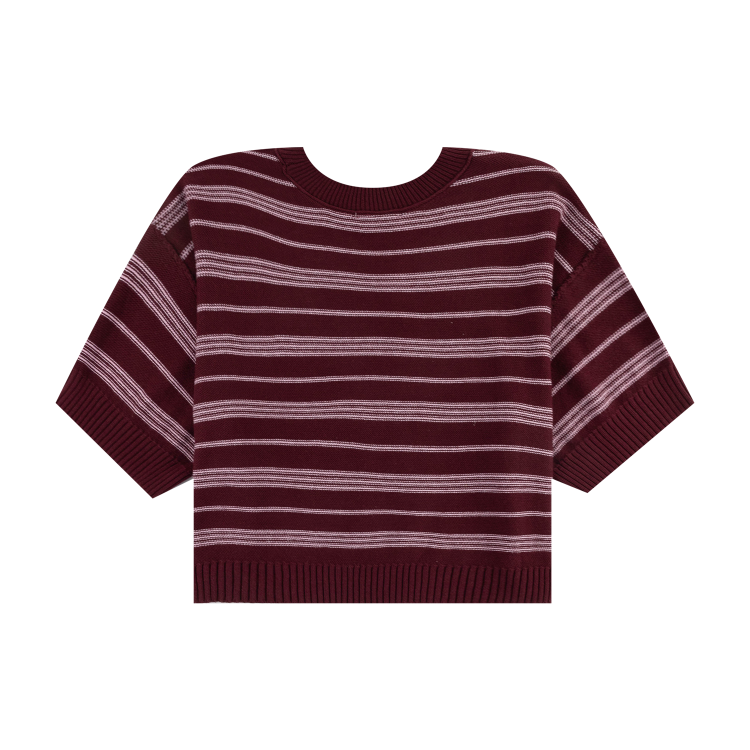 She + Sky Half Sleeve Round Neck Striped Knit Top - Maroon