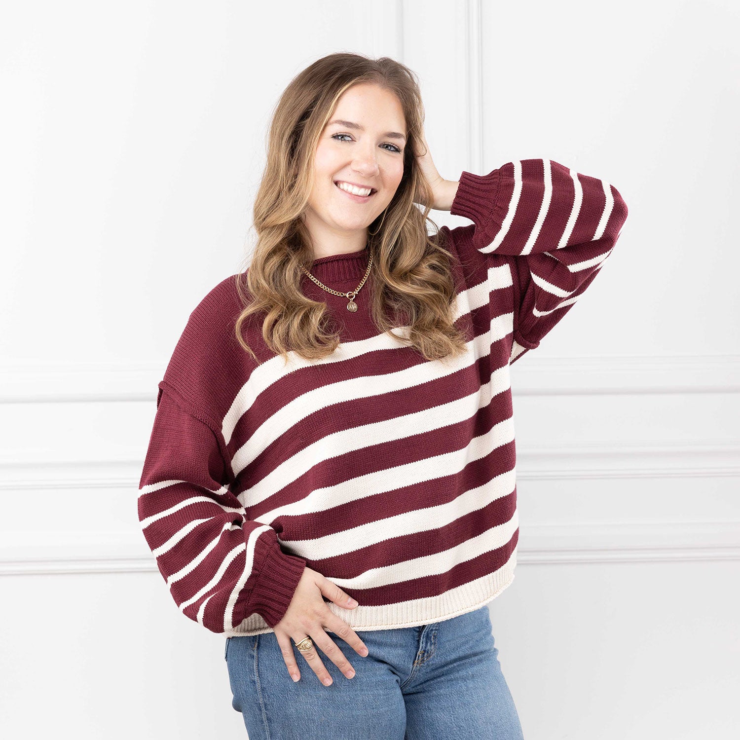 She + Sky Long Sleeve Striped Sweater Top - Maroon