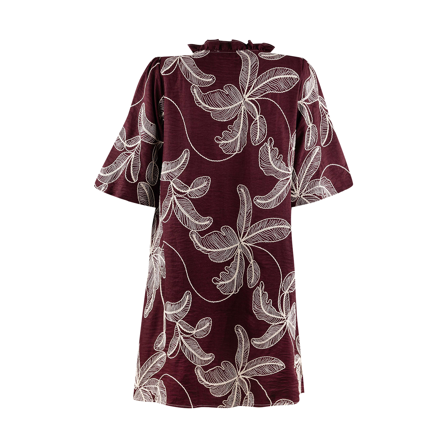 She + Sky Short Puff Sleeve Embroidered Dress - Maroon