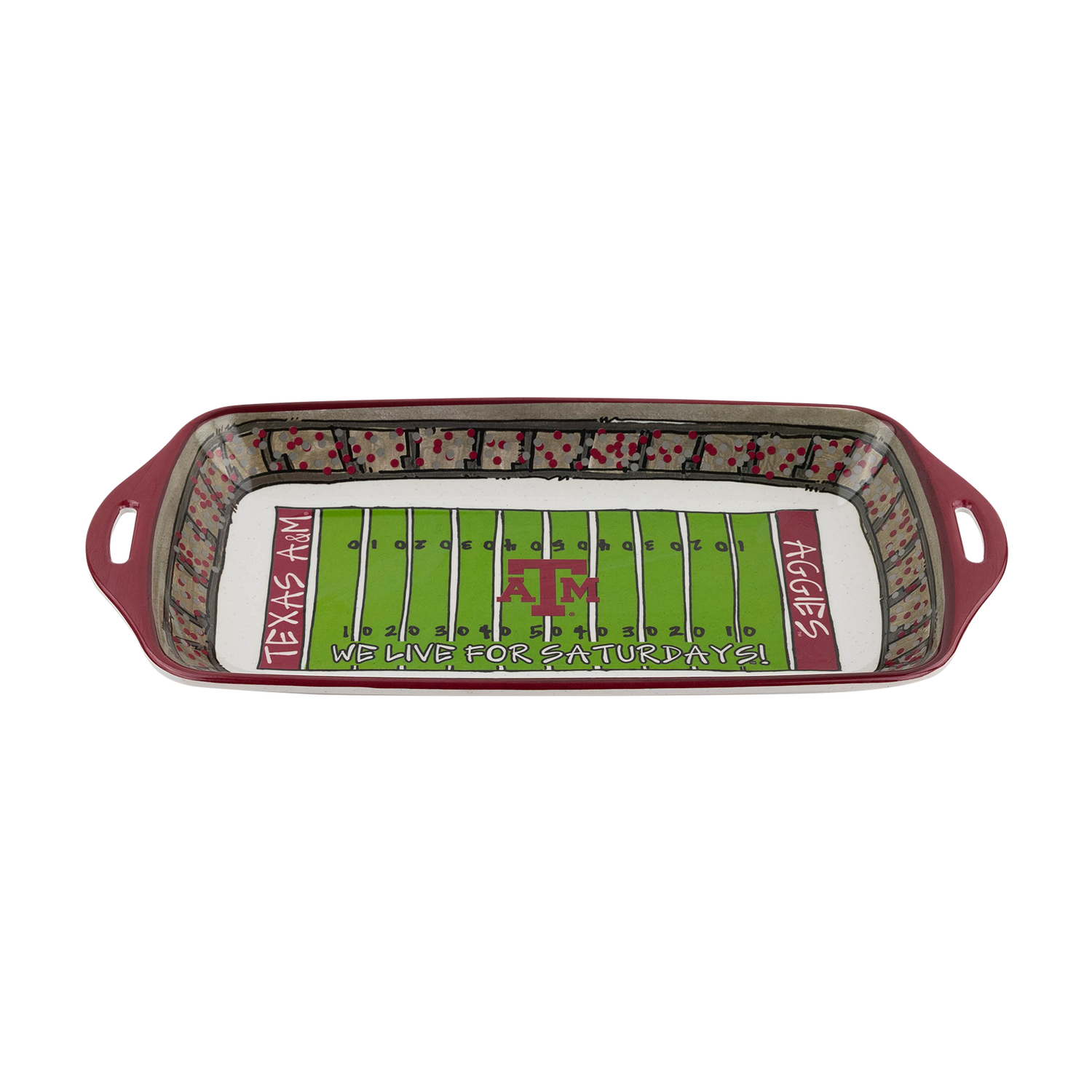 A rectangular Texas A&M football-themed baking pan with side handles, featuring a green field design with the Texas A&M logo and 'We Live for Saturday!' text.